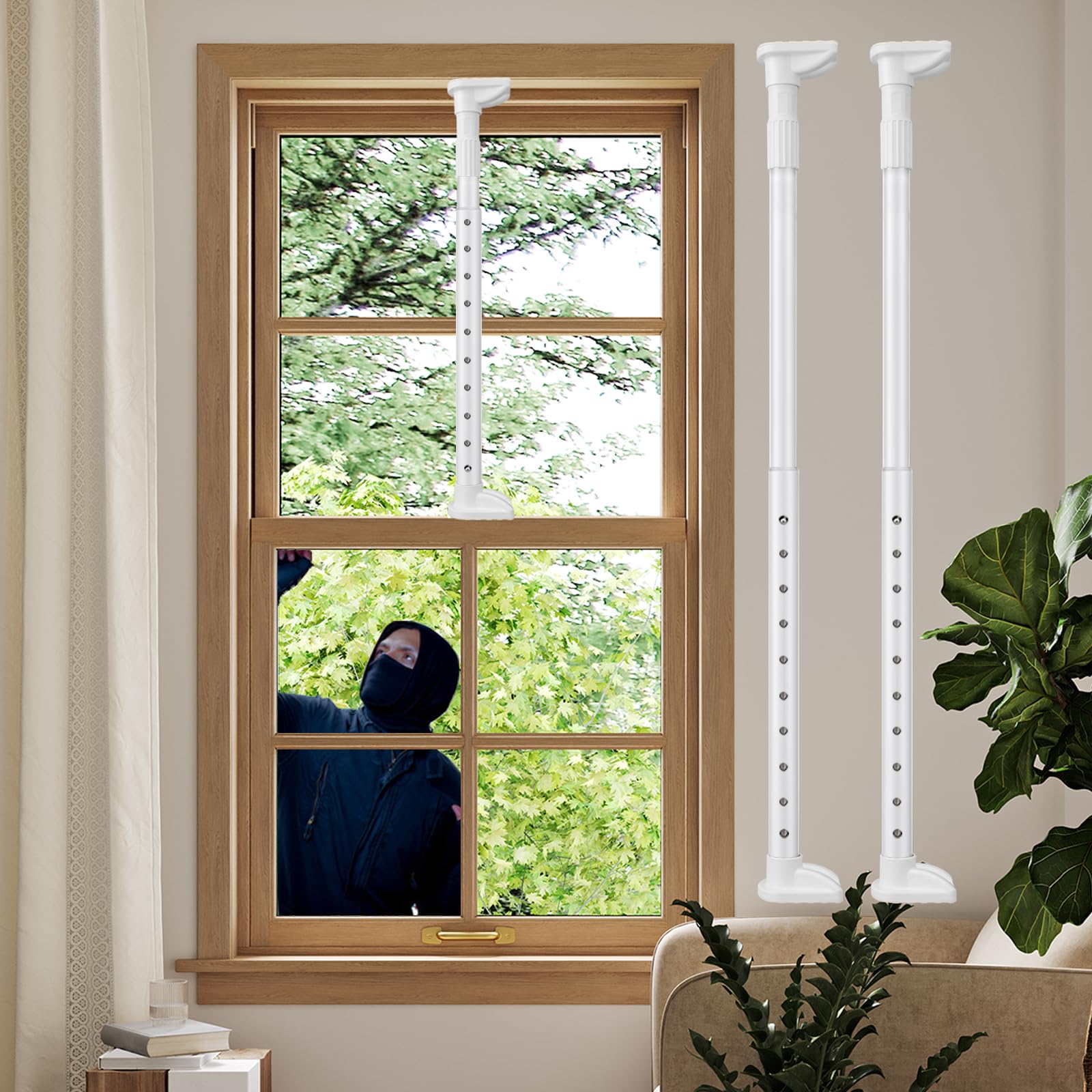 Cerraduras de ventana para ventanas arriba y abajo (blanco, 2 juegos) para privacidad de ventana de cabina y seguridad, ajustables de 18 a 30 pulgadas, barras de seguridad para ventanas, cerraduras de