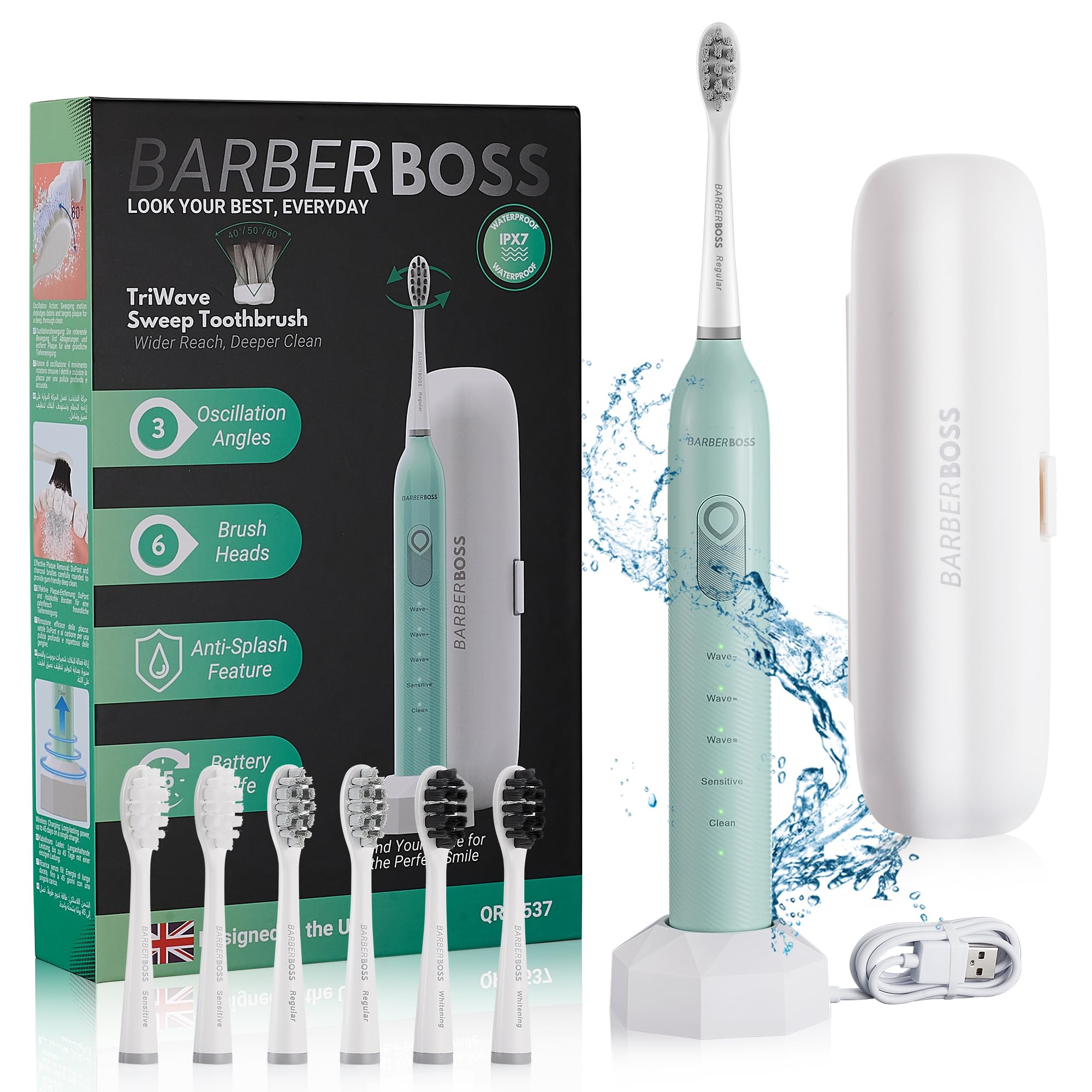 BarberBoss Electric Toothbrush for Adults - Oscillation & Vibration Sonic Technology, Includes 6 Brush Heads, Smart Timer, Portable Design with Carrying Case, Model QR-7537 (Mint)