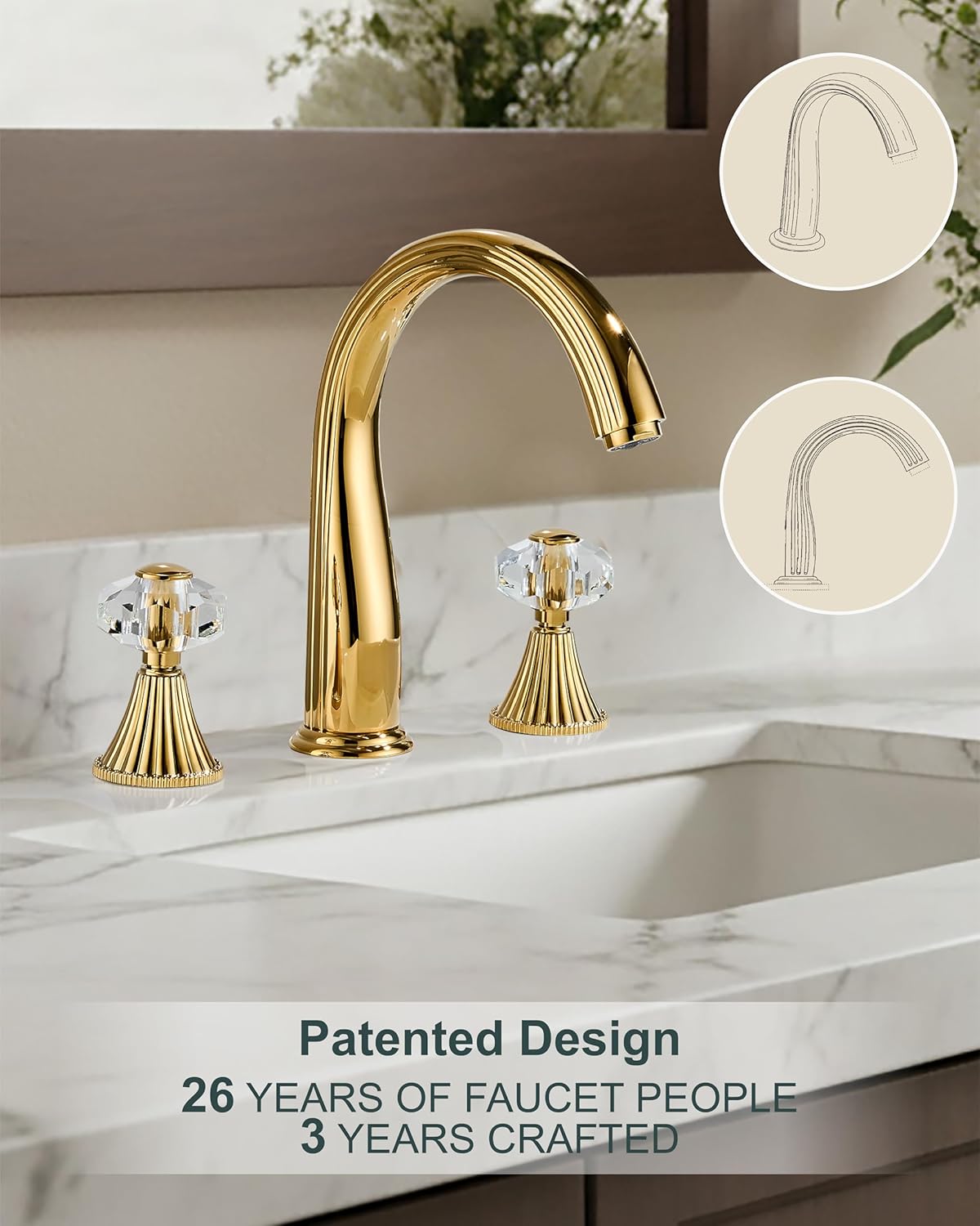 Gold Crystal 3 Hole Sink Vanity 8 Inch Brass 2 Handles 2 Tone Widespread Modern Unique Bathroom Faucets Sets, Antique Lavabo Faucet, Vintage Lavatory Vessel Luxury Mixer Tap with Pop up Drain - Image 2