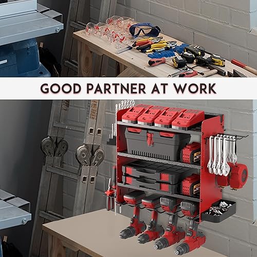 Miniatura 7 de ZEAKOC Organizador de herramientas eléctricas con estación de carga, soporte de taladro de 4 capas, soporte de pared, estante de metal para garaje