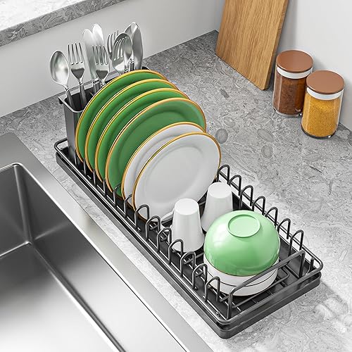 Miniatura 8 de Escurridor de platos pequeño, estante compacto para secar platos con alfombrilla de silicona, escurridor de platos, organizador de platos para