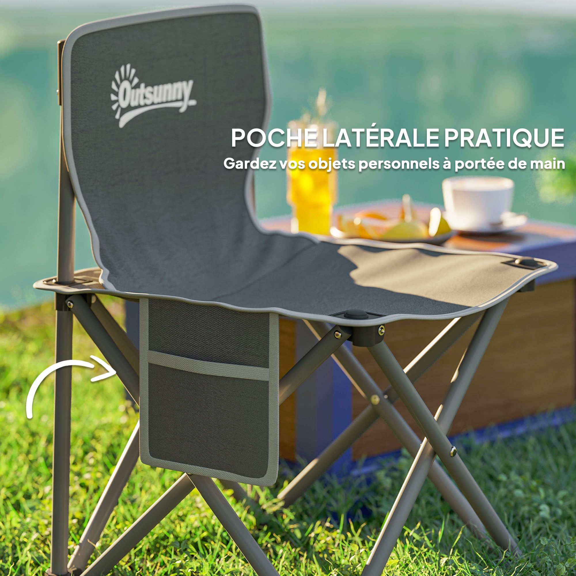Outsunny Table de Camping avec 4 chaises Pliantes, Ensemble Table et Chaise de Camping 5 pièces avec Poches latérales et Sacs de Transport, 55 x 51 x 50 cm, Gris foncé