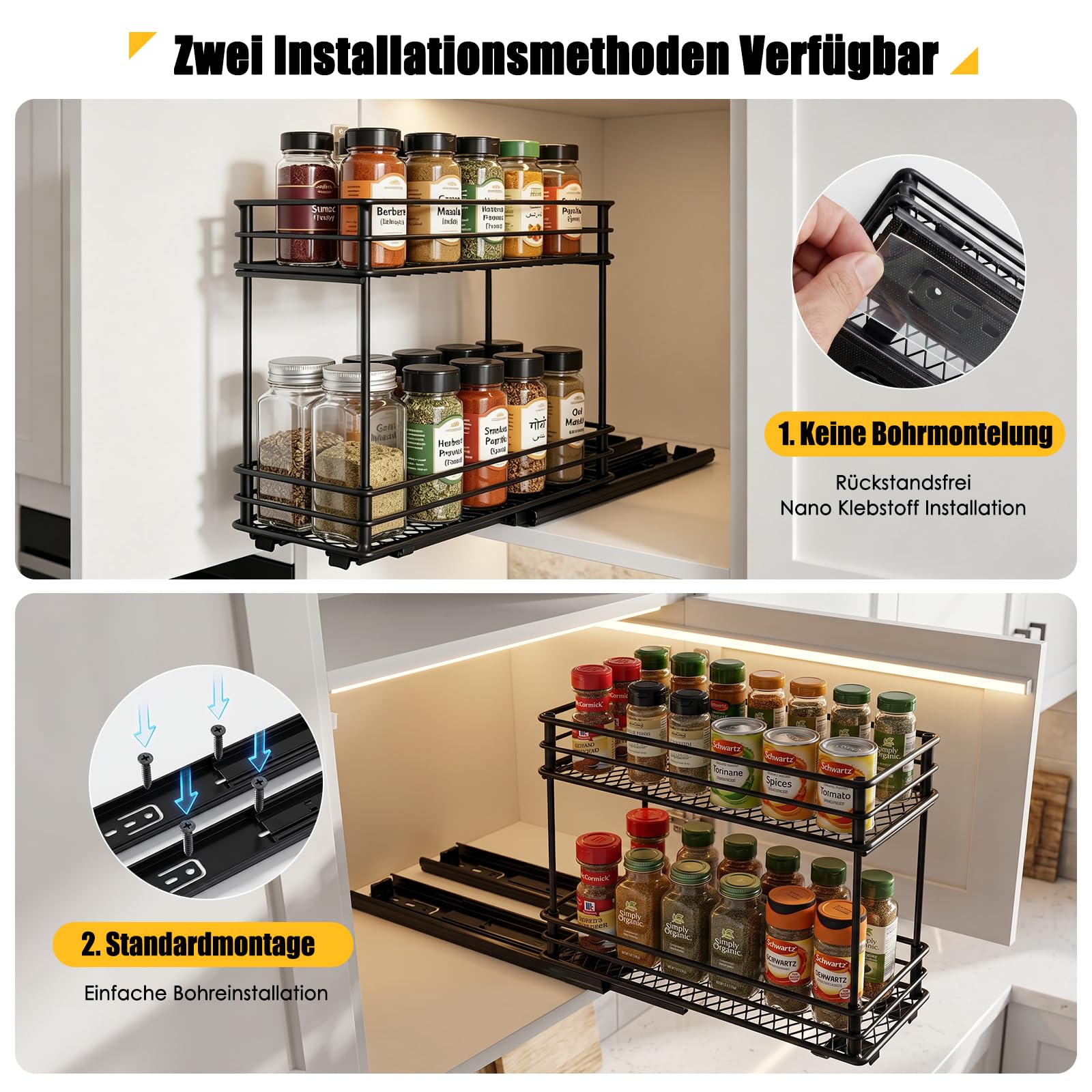 EasyVibe Lot de 2 étagères à épices - Étagère de rangement à 2 étages - Étagère à épices pour cuisine - Étagère à épices - Organiseur avec armoire - Pour bouteilles d'huile - Bocaux de cuisine