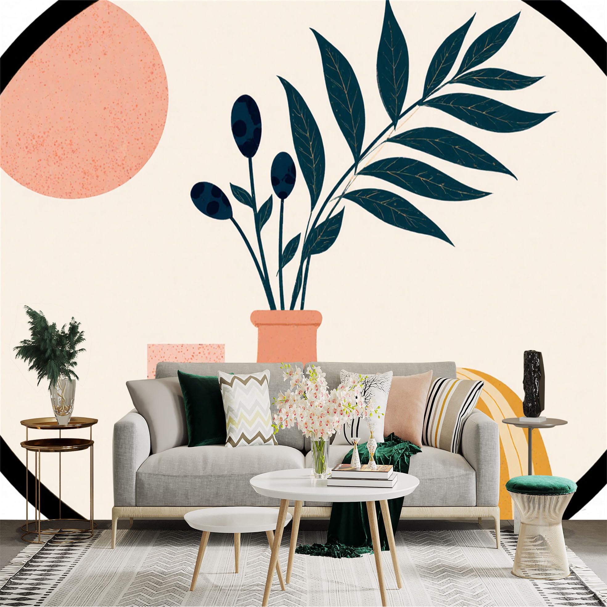 Custom Size Wall Sticker Mural， Modern Abstract Still Life， Vase with Foliage， Minimalist Geometric Shapes， Earthy Tones， for wall Decoration， peelandstick wall Decals.