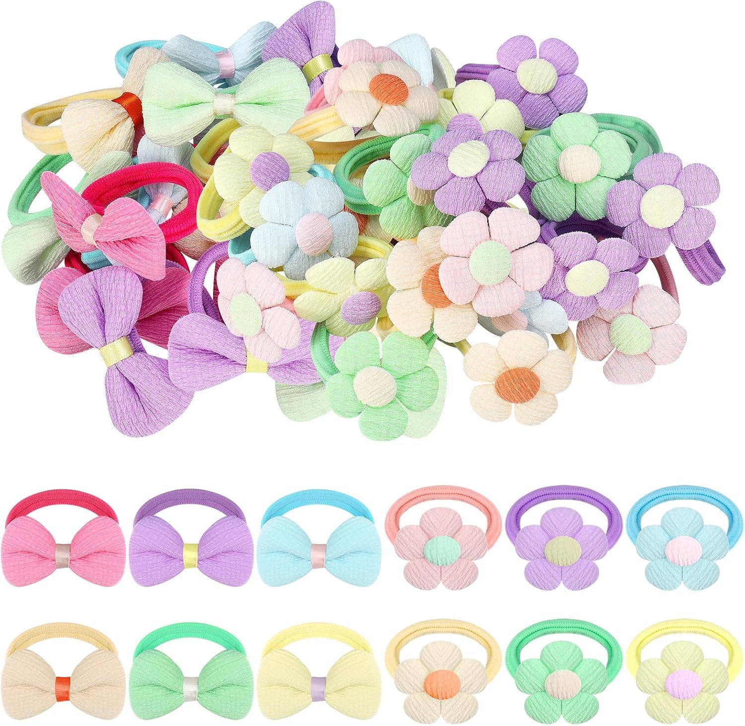 12 Cotton Baby Hair Ties with Bows and Flowers, Soft Seamless Toddler Hair Ties, Elastic Hair Bands, Big Ponytail Holder for Girls Kids-image-46