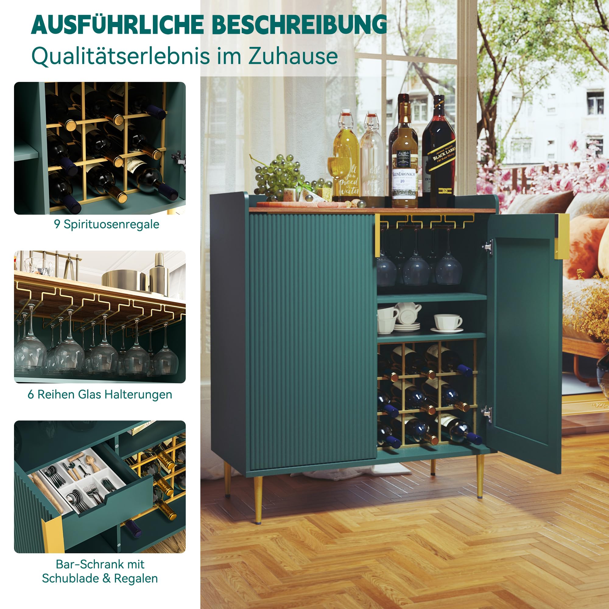 HOLTICO Weinschrank mit Weinregalen für 9 Flaschen, Barschrank Moderne Kaffeetresen-Schrank, Alkoholschrank Flaschenregal Holz, Sideboard-Buffetschrank für Küche, Esszimmer, Wohnzimmer