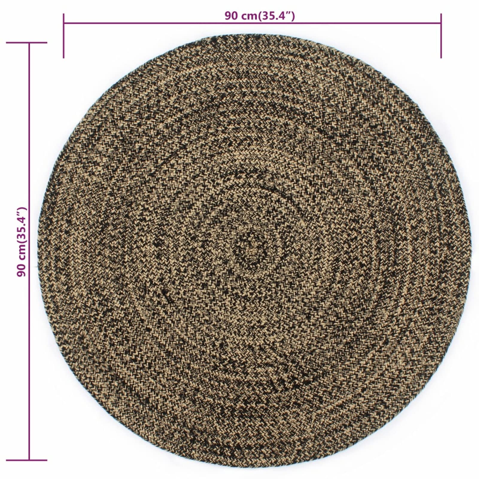 LAPOOH Tapis Fait à la Main Jute Noir et Naturel 90 cm,Grand Tapis Salle De Bain,Tapis De Bain Epais