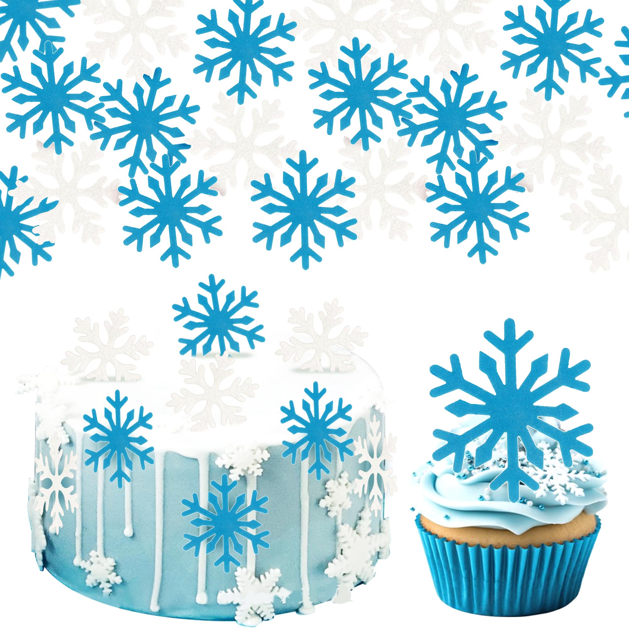 60 Pack Edible Snowflake Cupcake Toppers Wafer Paper Frozen Cupcake Picks Edible Snowflake Party Cake Decorations for Christmas Winter Frozen Theme Baby Shower Birthday Party Supplies Blue White