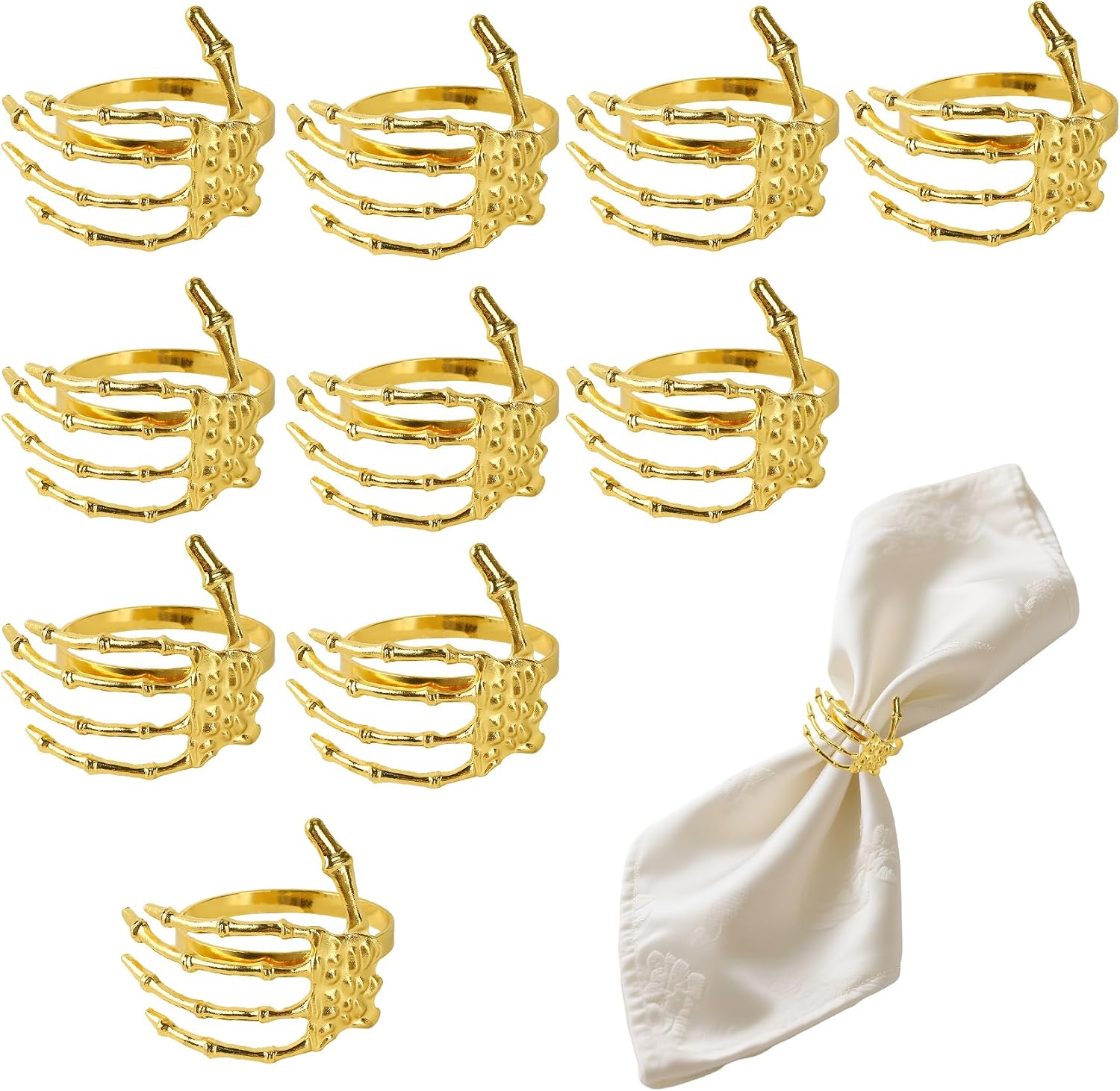 Halloween Napkin Rings, Gold Napkin Rings Set of 10, Golden Alloy Skeleton Claw Holders, Ghost Hand Napkins Buckle Ornaments for Halloween Home Birthday Bar Costume Party Dinner Table Decorations