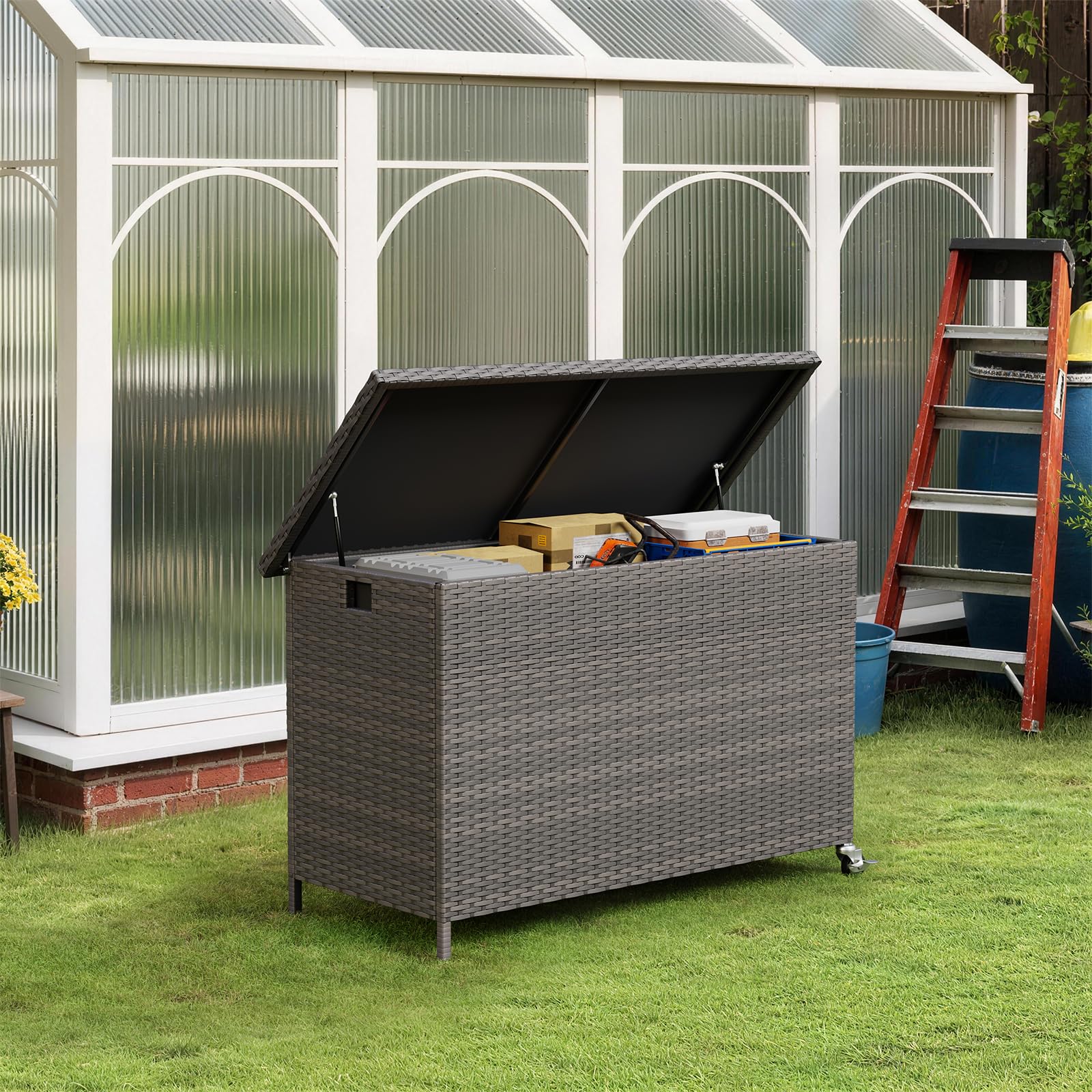 Amopatio 310L Gartenbox Auflagenbox wasserdicht, Kissenbox Outdoor aus Polyrattan, Aufbewahrungsbox Metall mit Rollen & Gasdruckfedern, Gartenkiste wetterfest für Garten, Balkon, Grau