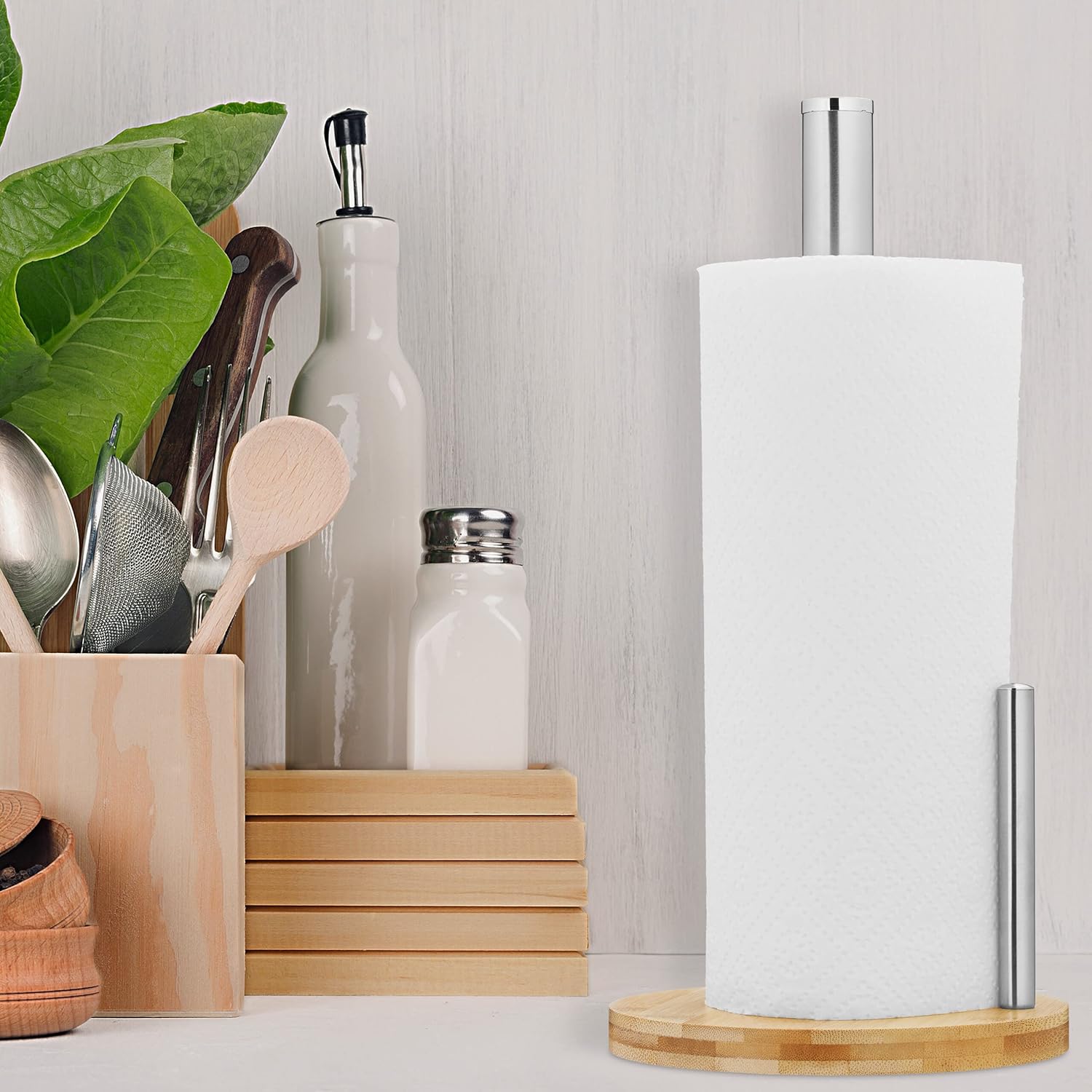 Relaxdays Standing Kitchen Roll Holder Bamboo & Stainless Steel Roll Holder with Roll Stop, H x D: 33 x 16 cm, Natural/Silver