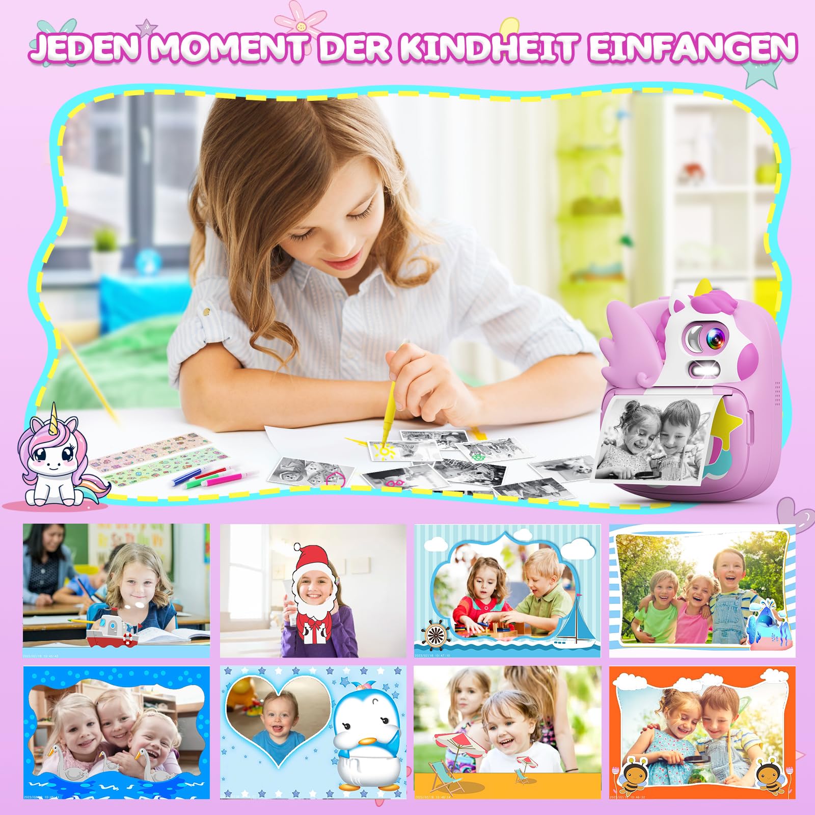 CAMCLID Kinderkamera Sofortbildkamera 2,4 Zoll 1080P HD Digitalkamera mit 32G TF Karte und Fotopapier Lila