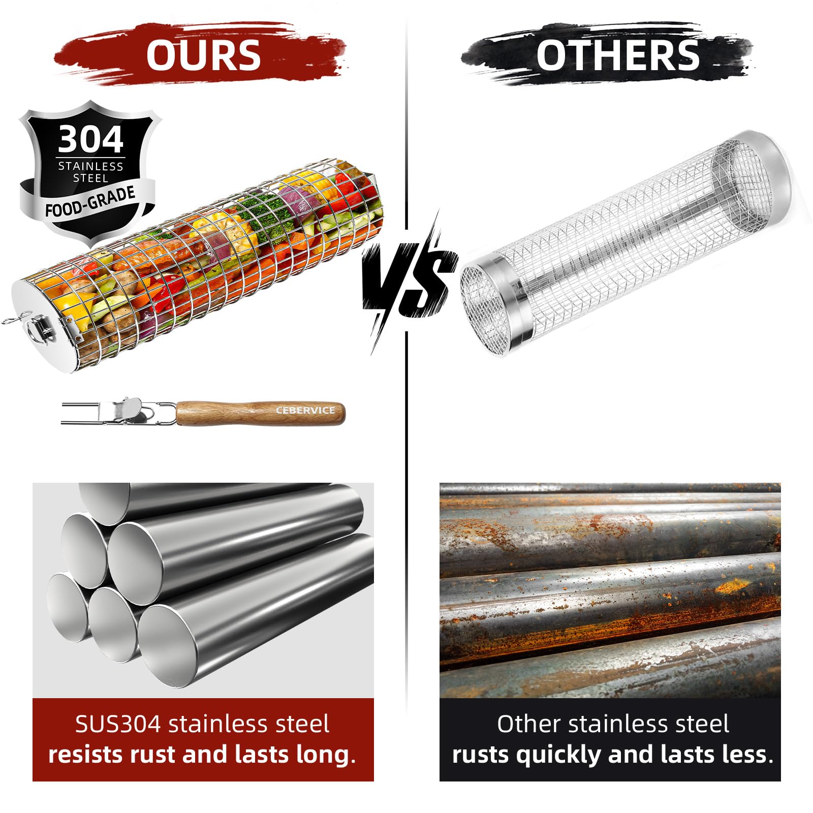 CEBERVICE Rolling Grilling Baskets for Outdoor Grill, Thickened SUS304 Stainless Steel, REMOVABLE HANDLE, Round Cylinder BBQ Grill Basket for Veggies Fish Meat, Barbeque Griller Accessories Gifts for Men Dad