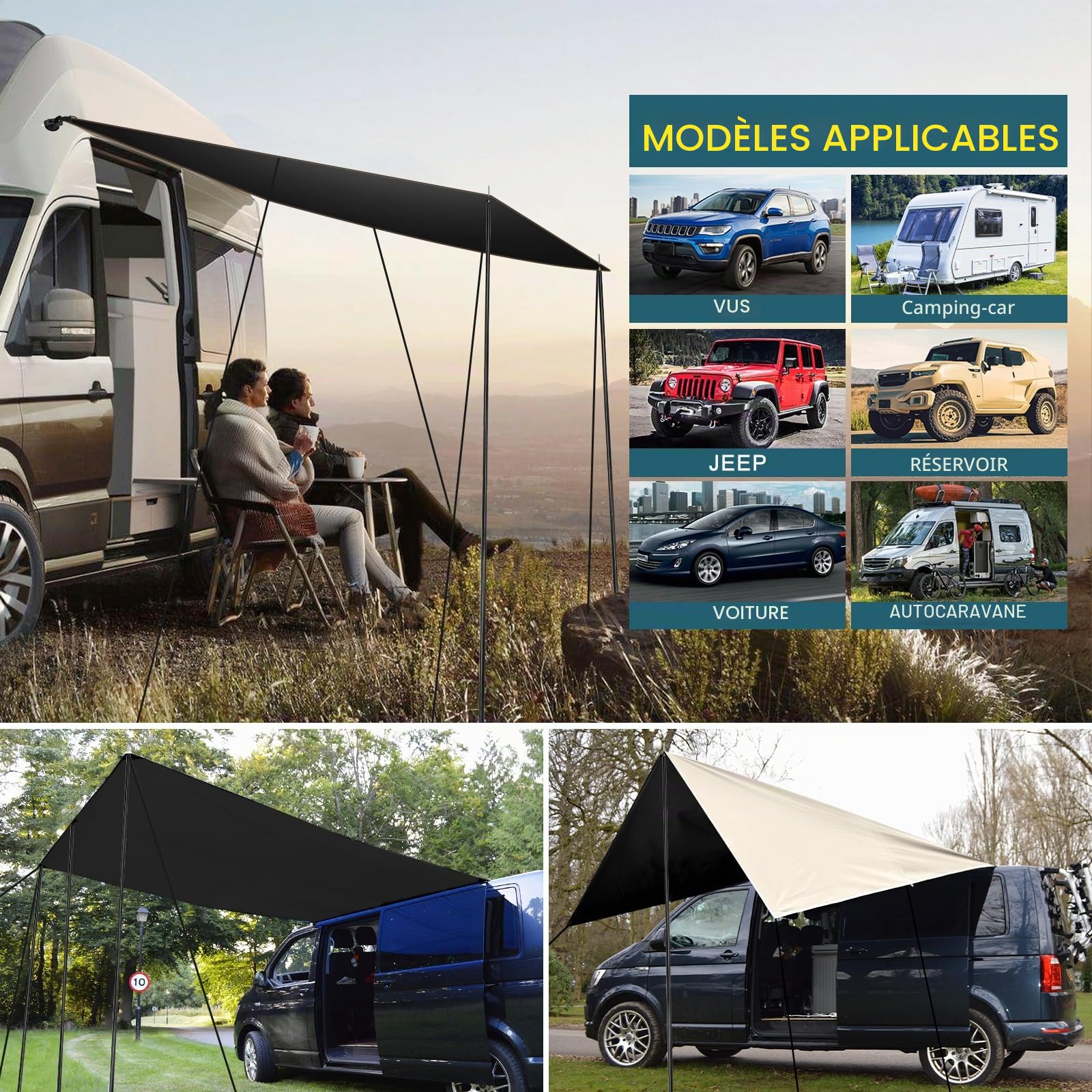 Auvent de Voiture Universel, Auvent Hydrofuge 240 cm/95 Pouces, Voile Ombrage de Voiture pour Camping avec Kits Complets, Montage À Ventouse Flexible