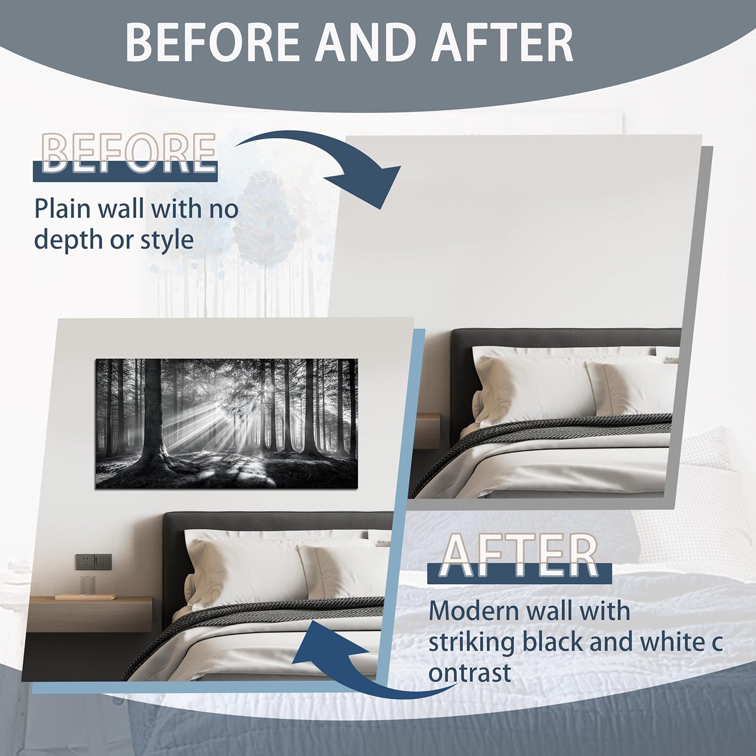 Trogonup Black and White Misty Forest Wall Art for Living Room Trees Large Nature Canvas Artwork for Bedroom Office Home Decor Ready to Hang 20"x40"