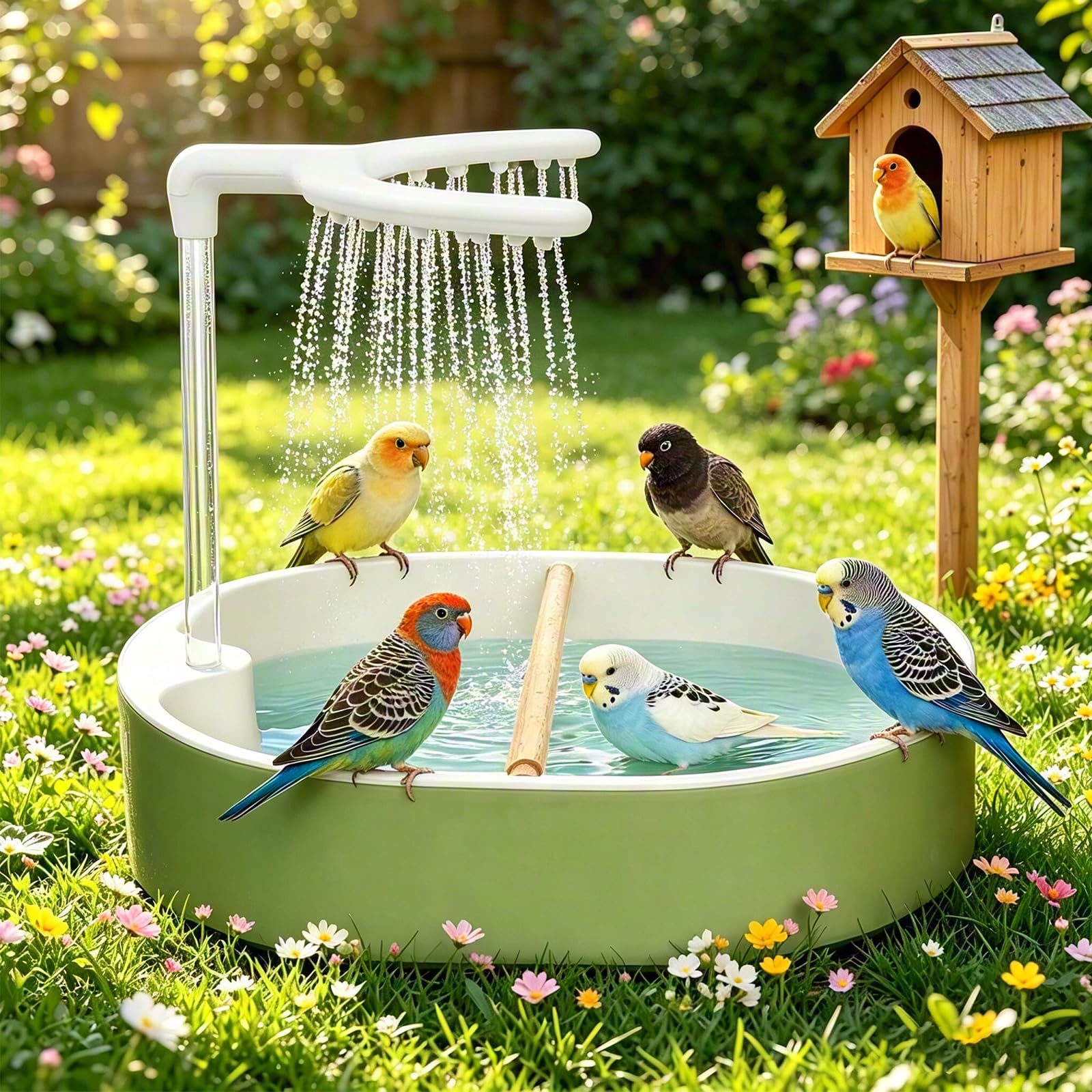 Ruichi Vogeldusche Wellensittich, 32x26cm Wellensittich Dusche mit Wasserfall und Wasserpumpe, Automatische Vogelbad Badehaus Badewanne für Unzertrennliche Wellensittiche Afrikanische Munias Aras