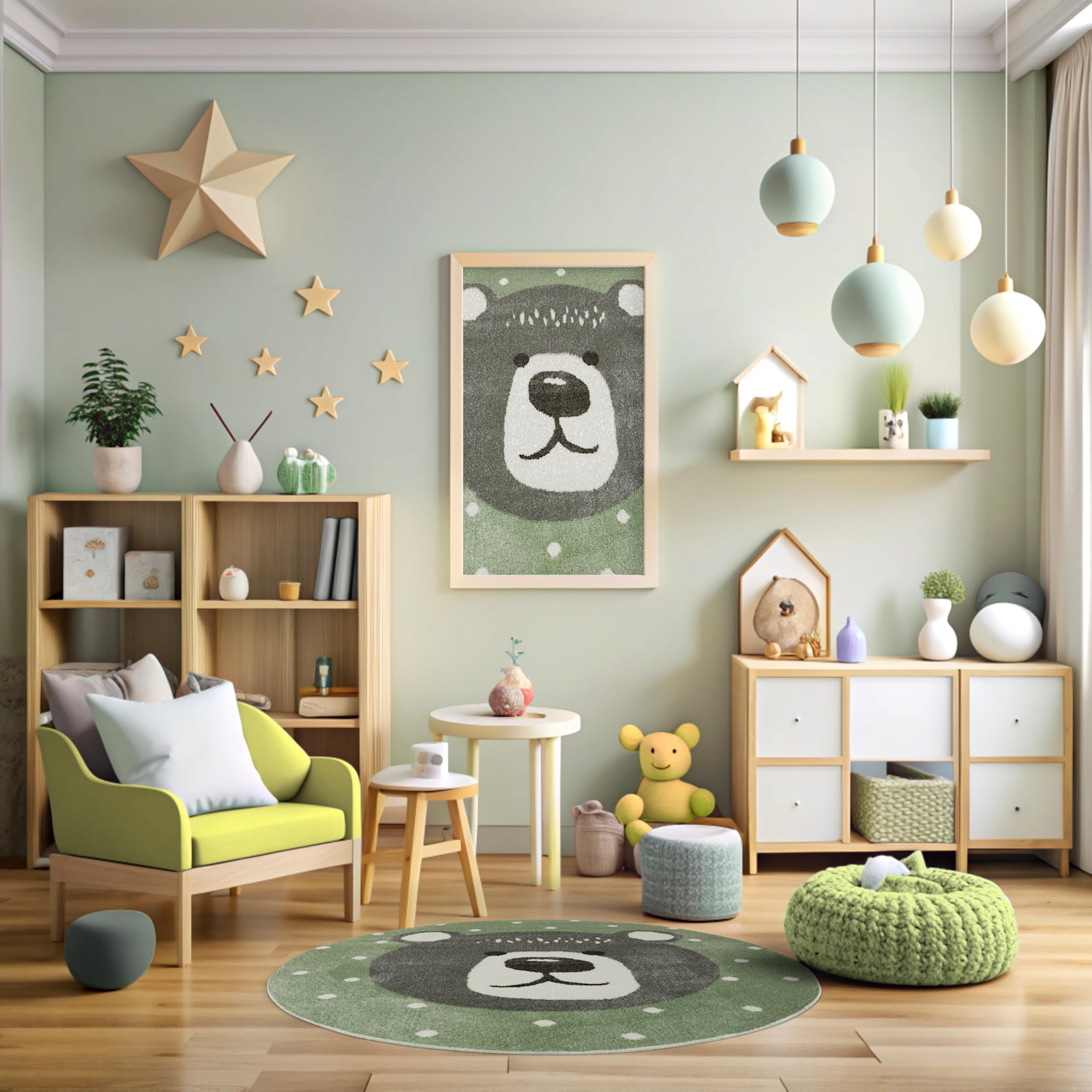 Runden Kinderteppich Lima Grün Teddybär 140 cm, Teppiche für EIN Kinderzimmer mit kurzem Flor, Teppich für einen Jungen,Mädchen, Kinderteppich, Spielteppich, Kids Carpet