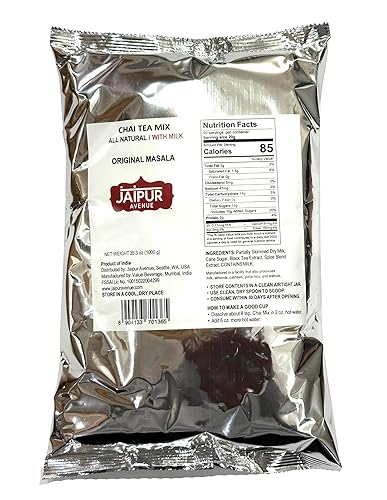 Vista 6 de Jaipur Avenue Variedad de mezcla de té Chai hecha con té negro Assam totalmente natural, cardamomo, azúcar de caña y leche seca de primera calidad
