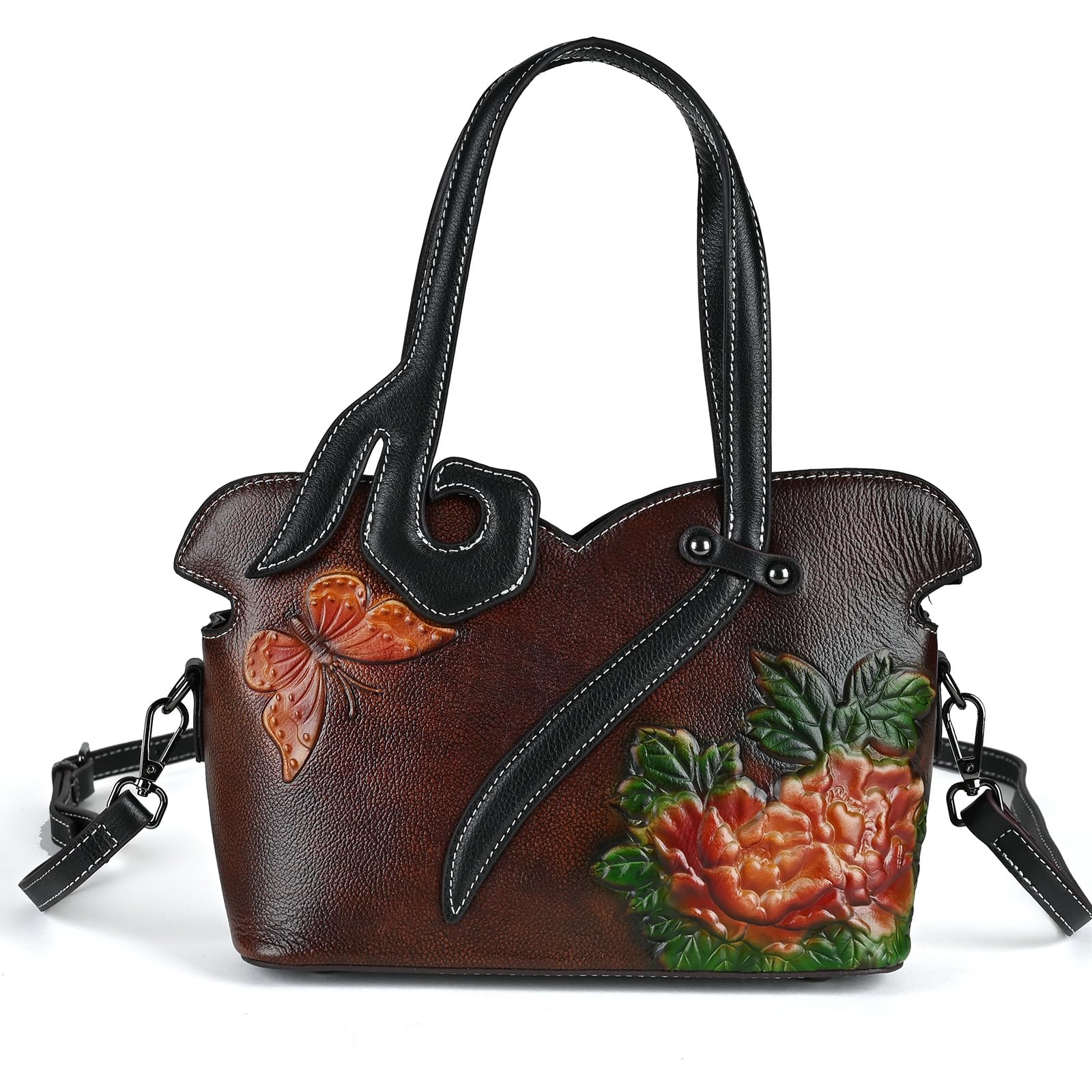 RetroDynic Women's Bag - Real Women's Leather Handbag - Handmade, Unique Embossed Cowhide, Floral Design, Vintage Tote