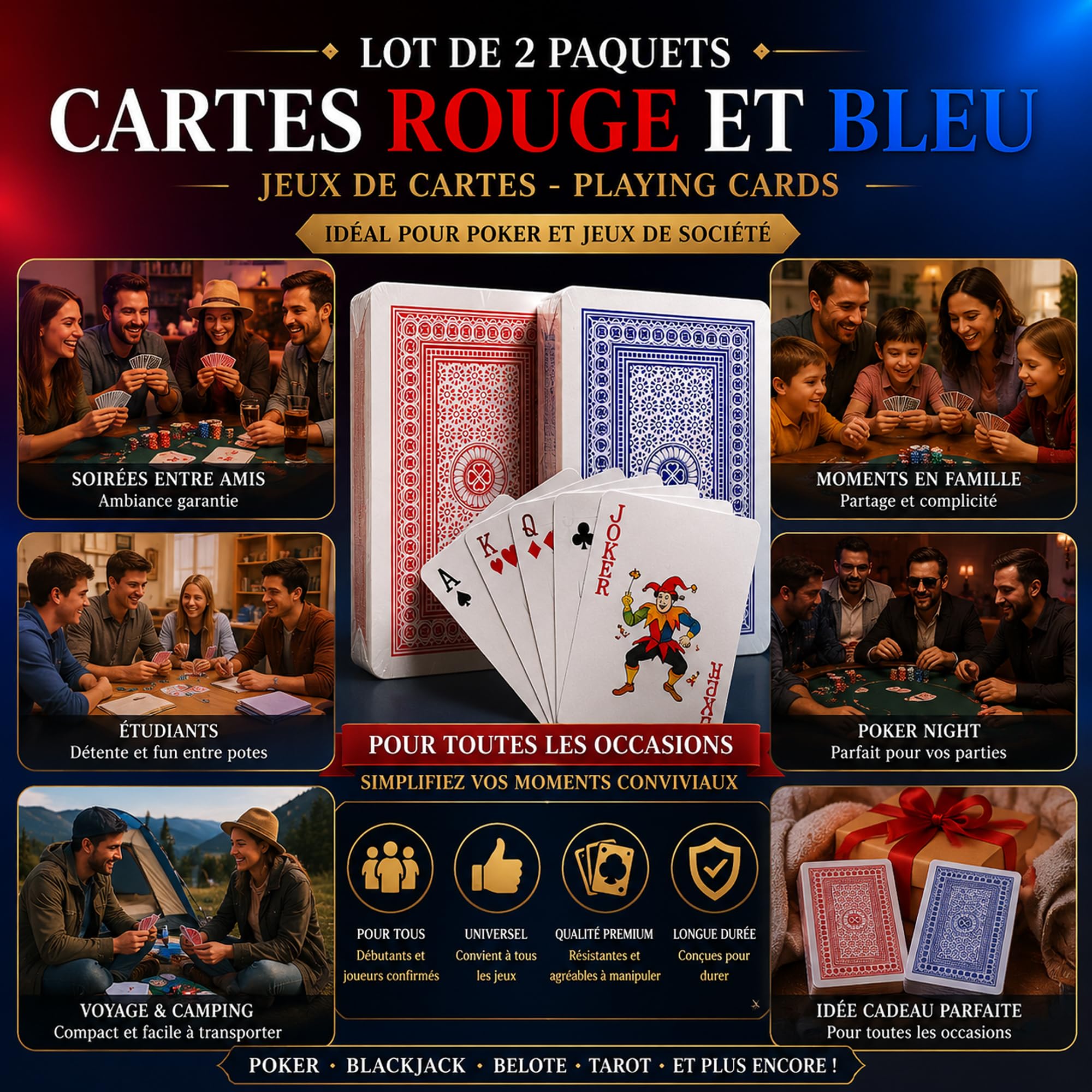 Jeux de Cartes Rouge et Bleu Lot de 2 - Cartes à Jouer pour Poker et Jeux de Société