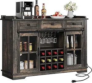 DWVO 53" Farmhouse Coffee Bar Cabinet, Sideboard Storage Cabinets Buffet Cabinet with Storage, 3 Drawers & Sliding Barn Door for Kitchen & Living Room, Dark Rustic Oak