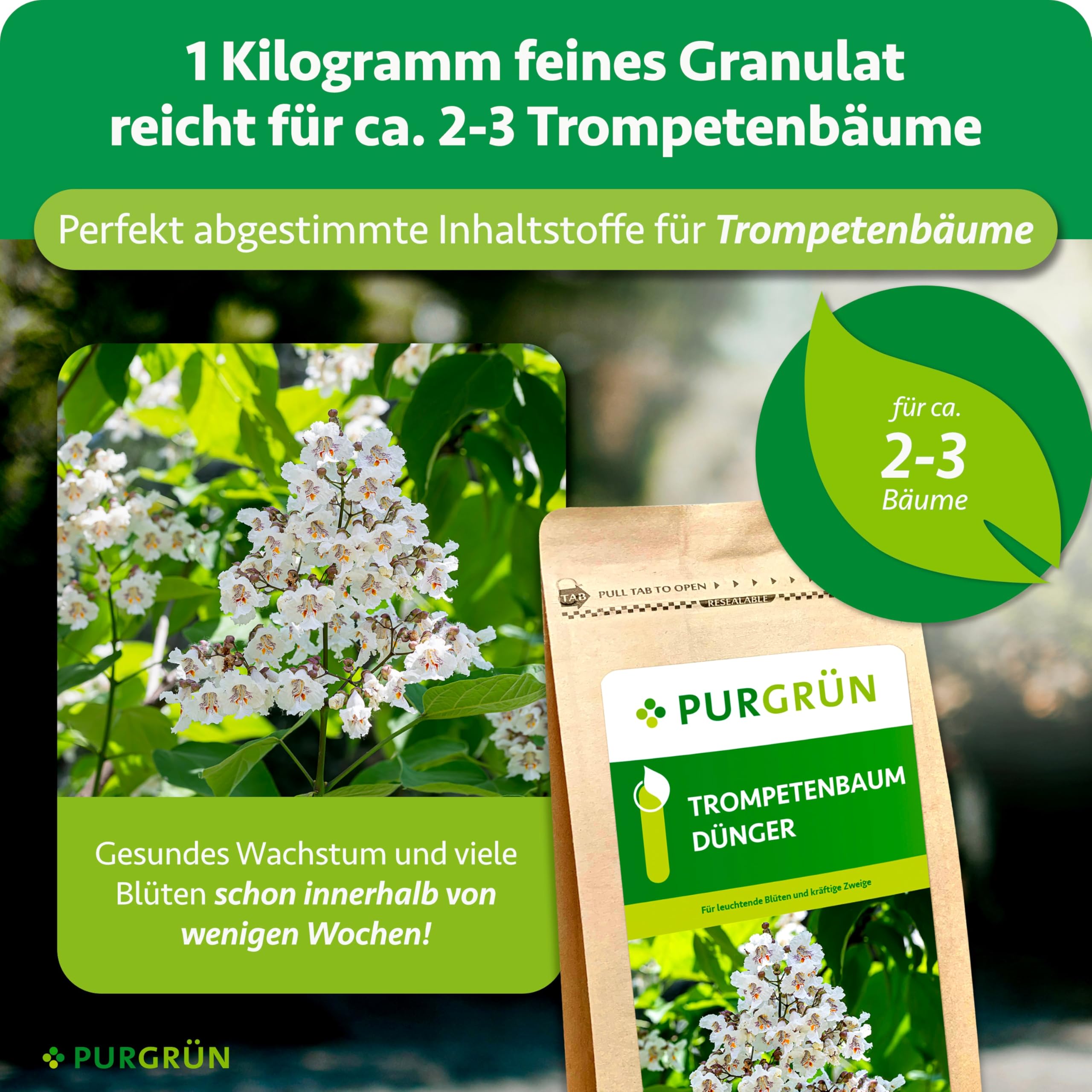 Trompetenbaum-Dünger 1 kg – Leuchtende Blüten dank Spezial-Rezeptur – Magnesium für leuchtende Blattfärbung – Schnelles Wachstum dank extra Stickstoff – Baumdünger für ca. 2-3 Bäume