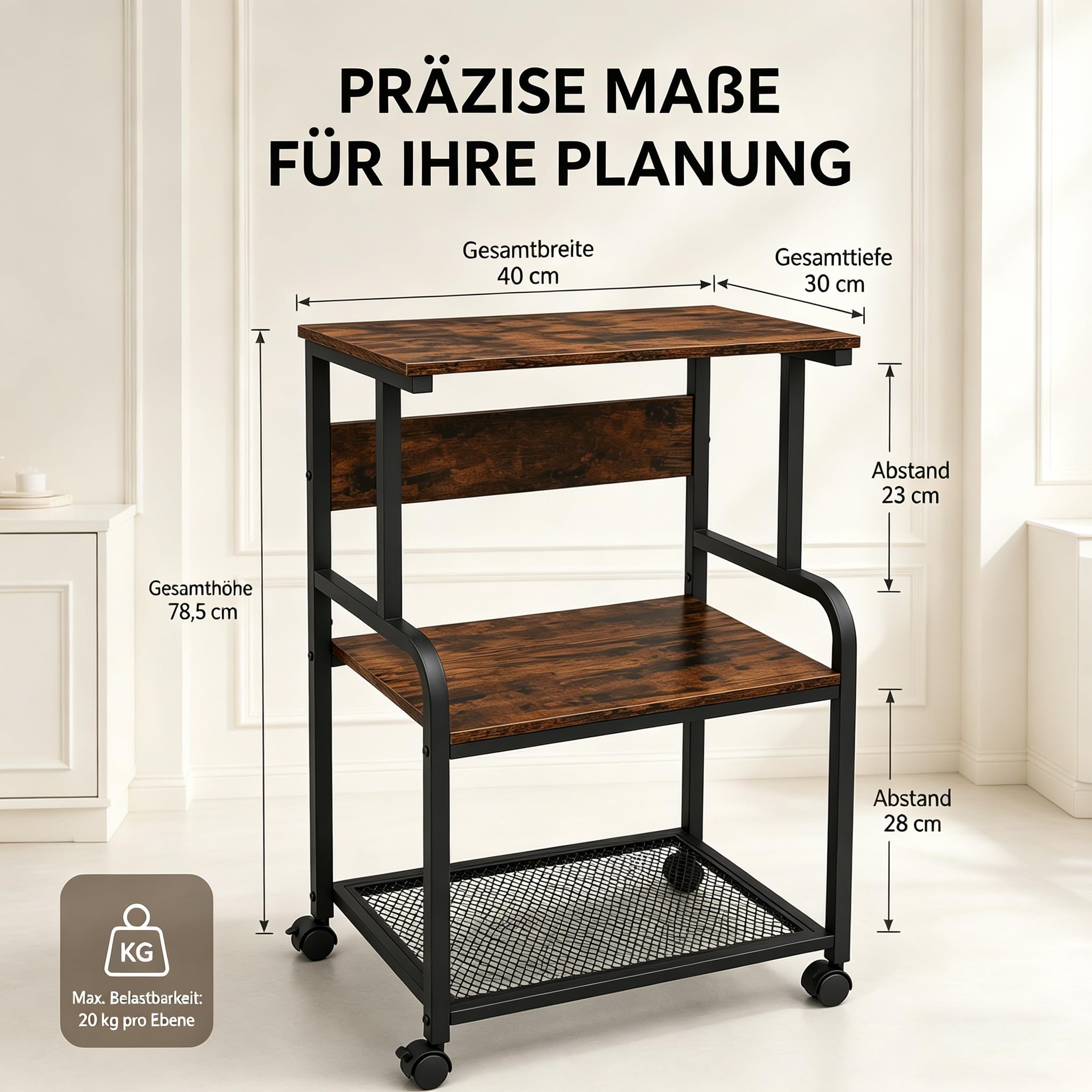 Mesa de impresión de 3 niveles con ruedas, soporte para impresora de madera y metal, 50 x 40 x 80 cm, mesa enrollable de hasta 70 kg, estilo industrial para impresora 3D y oficina en casa