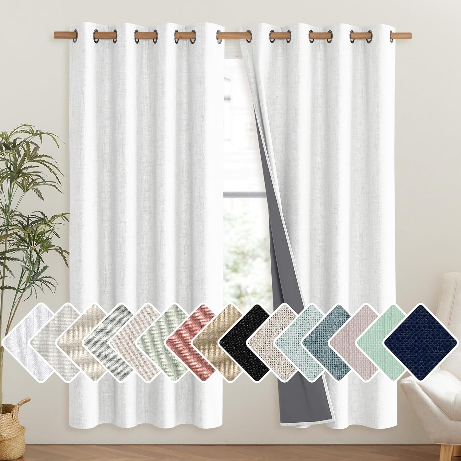 NICETOWN 100% Linen Blackout Curtains with Grey Liner, 52x72, 2 Panels