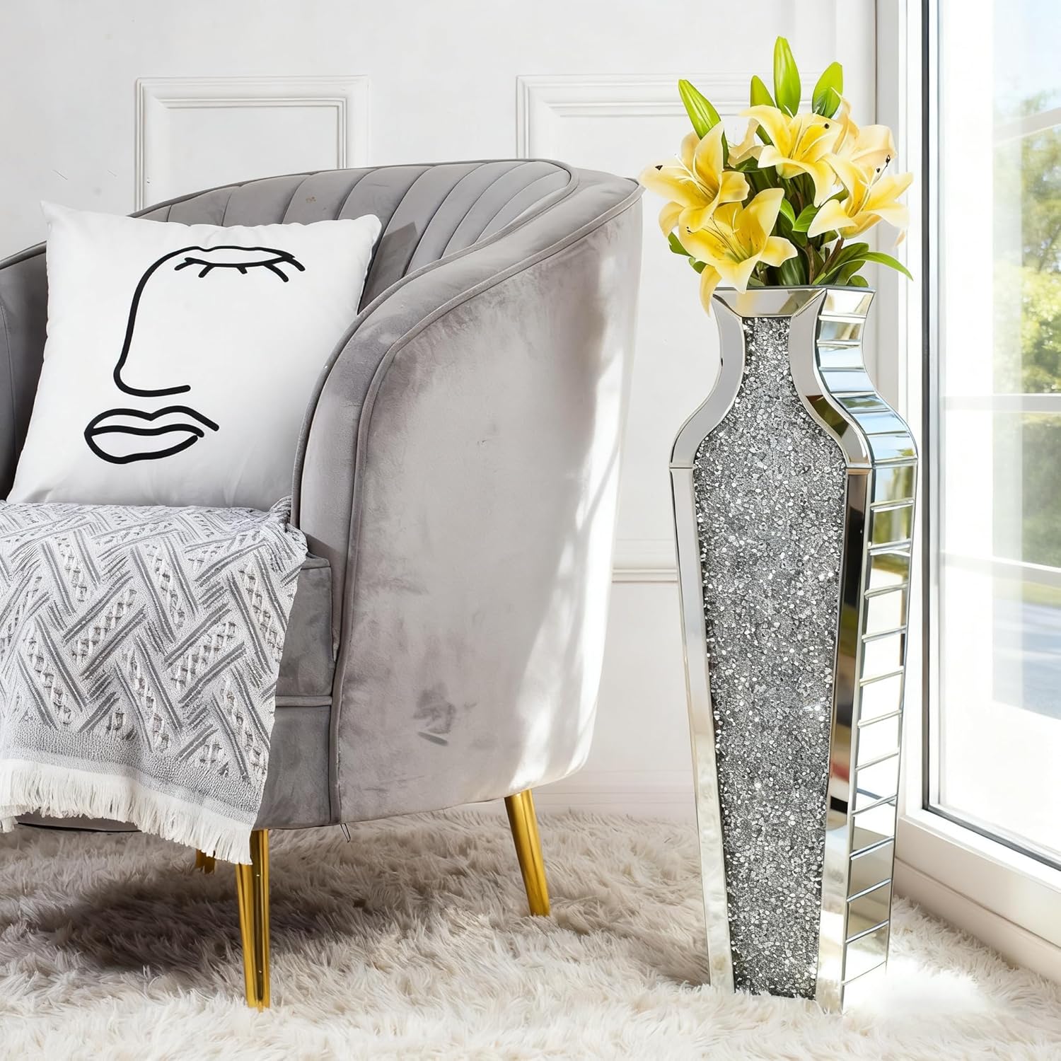 SHYFOY Crushed Diamond Floor Vase, Large Silver Mirror Tall Vases for Floor, Modern Luxury Glass Vases Home Decor for Living Room Bedroom Home Corner Indoor Office, 26.8" Tall