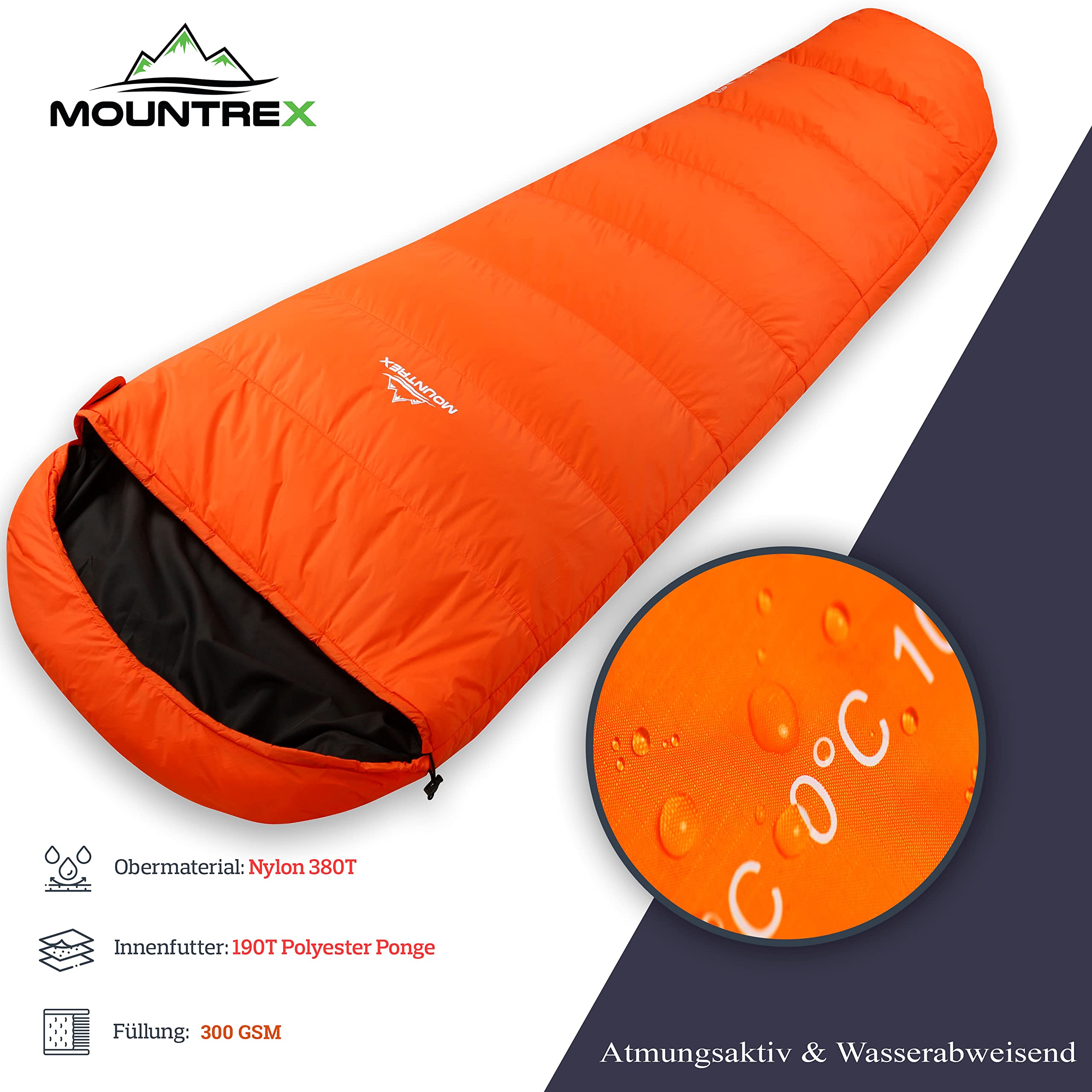 MOUNTREX® Śpiwór – ciepły i lekki (1500 g) – 3-4 pory roku śpiwór do spania na zewnątrz (-10°C / 0°C / 10°C) – kemping, podróże, dorosły, kompaktowy rozmiar (36 x 20 cm) – z możliwością podłączenia