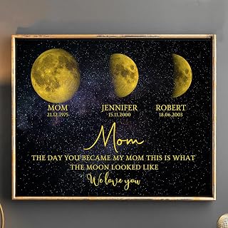 Personalized Moon Phase Prints by Birth Date, Mother's Day Gifts for Mom or Grandma, Birthday Gift, The Day You Became My Mom Canvas, Personalized Family Birth Moon Phase Wall Art, Christmas Gifts