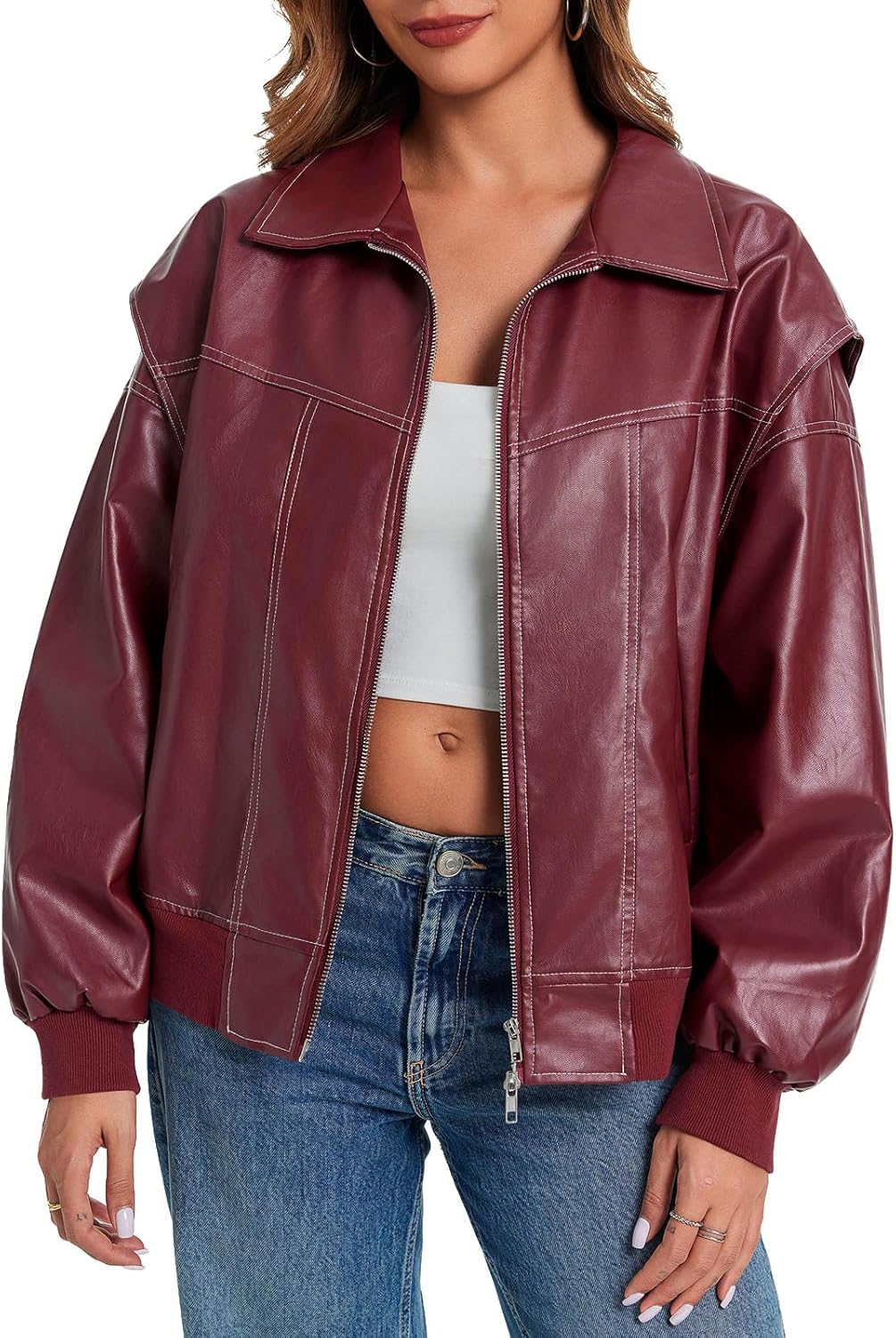 Tankaneo Womens Oversized Leather Bomber Jackets Cap Sleeve Zip Up Motorcycle Coats with Pockets - Image 3