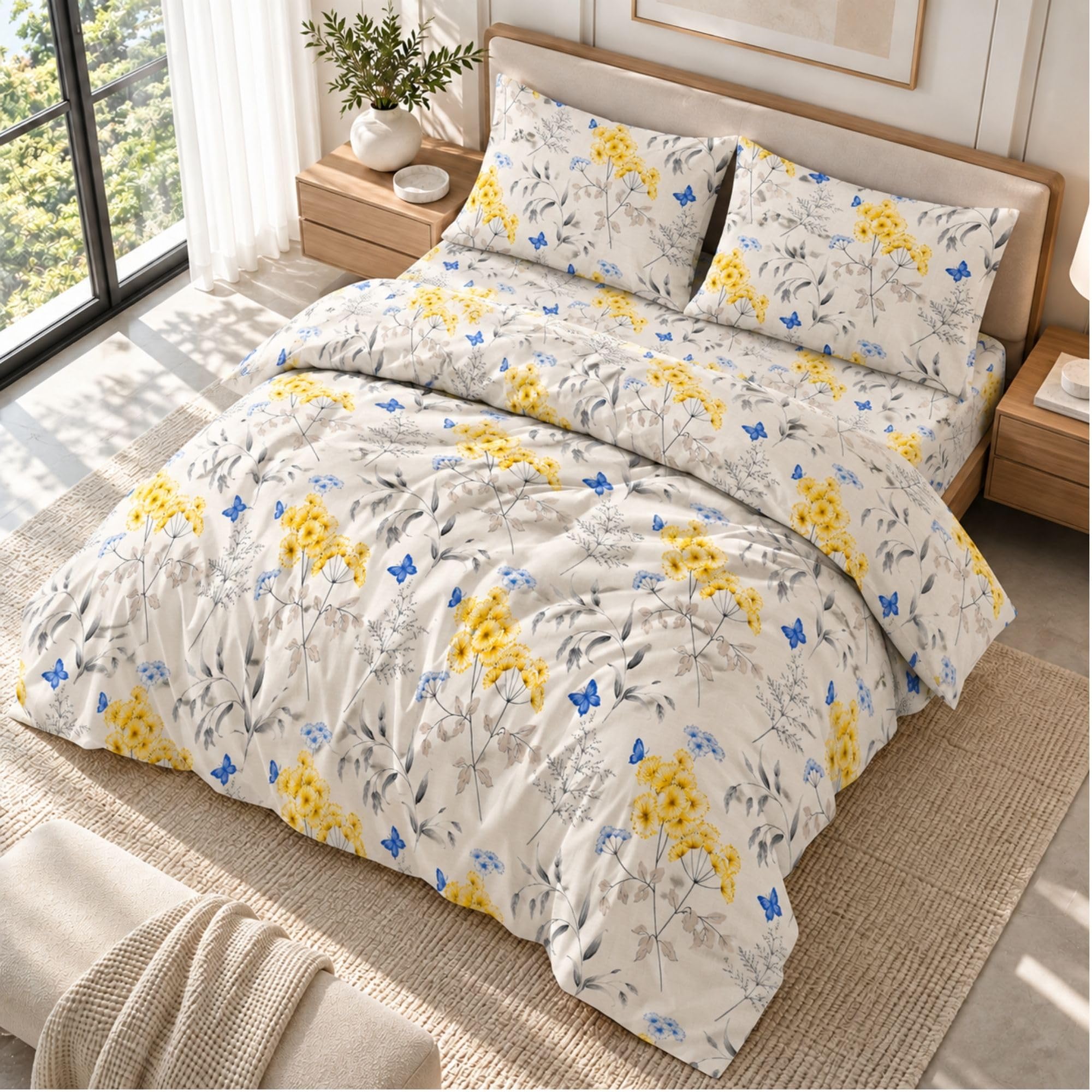 King Size 4PC Printed Floral Duvet Cover Set 100% Egyptian Cotton 400TC Bed