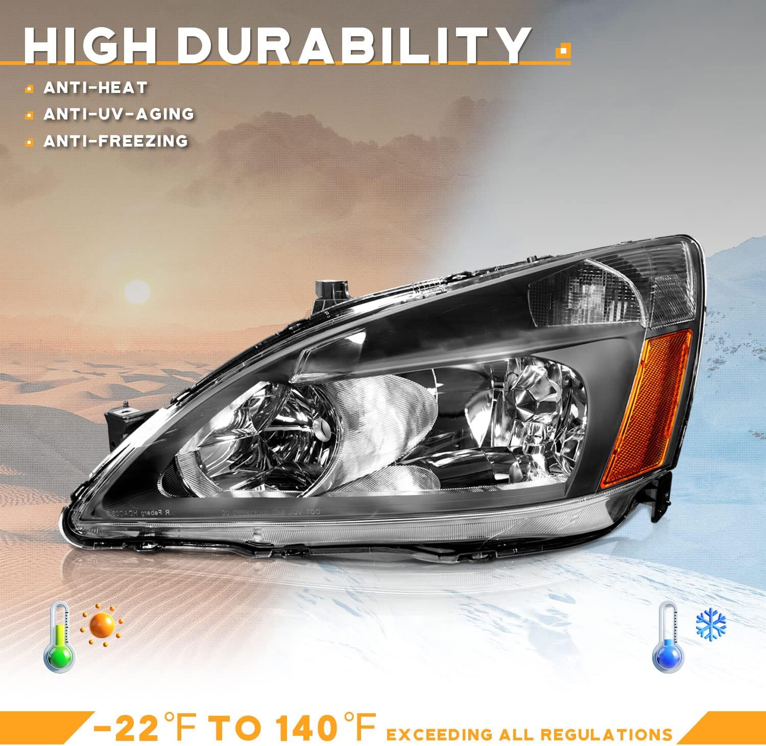 WEELMOTO Headlight Assembly for 2003-2007 Honda Accord, OE Headlamp Replacement, Black Housing, Amber Reflector, Left+Right 2/4-Door