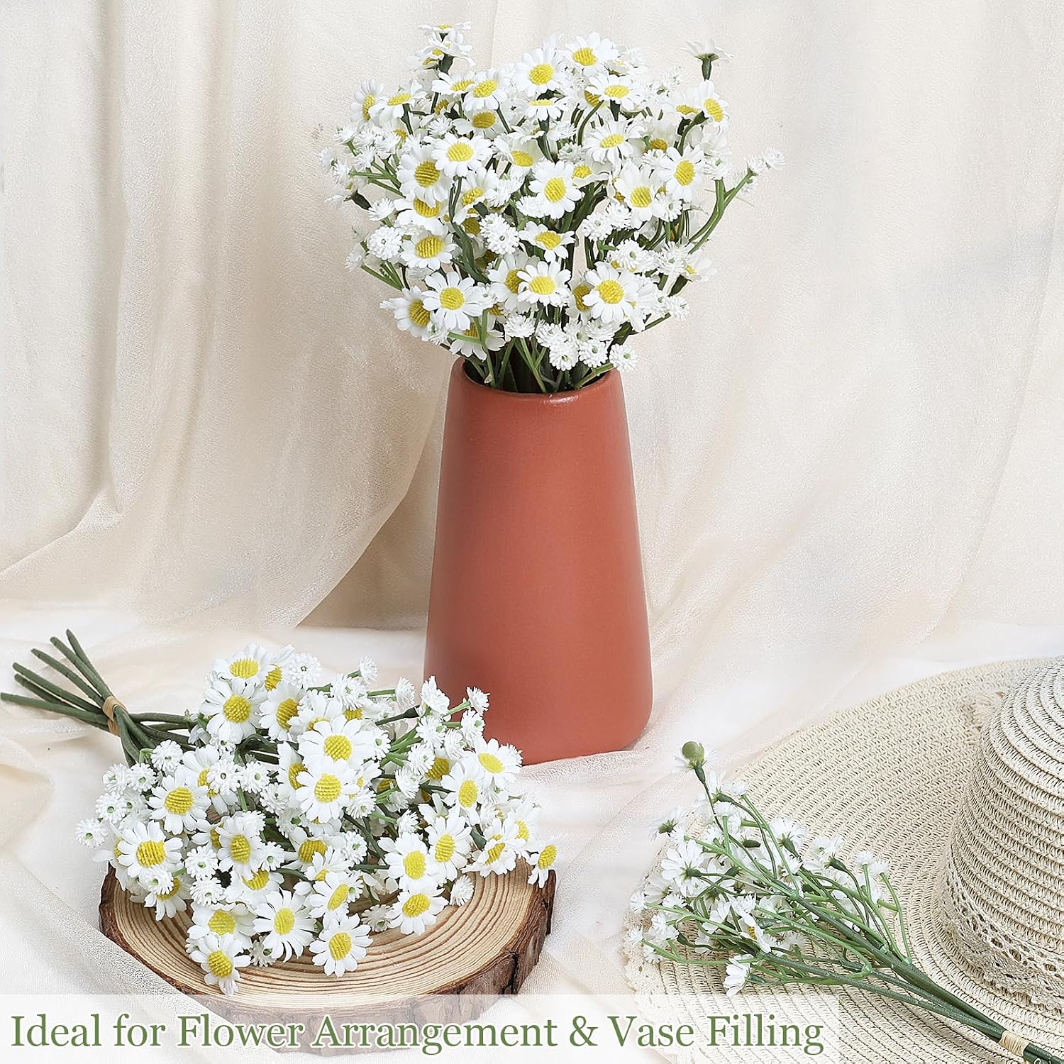 18 Pcs Small Artificial Daisy Flowers Fake Wildflowers Spring Flowers Silk Chamomile Faux Daisies with Stems for DIY Floral Arrangements Wedding Table Centerpieces Party Decor (White)