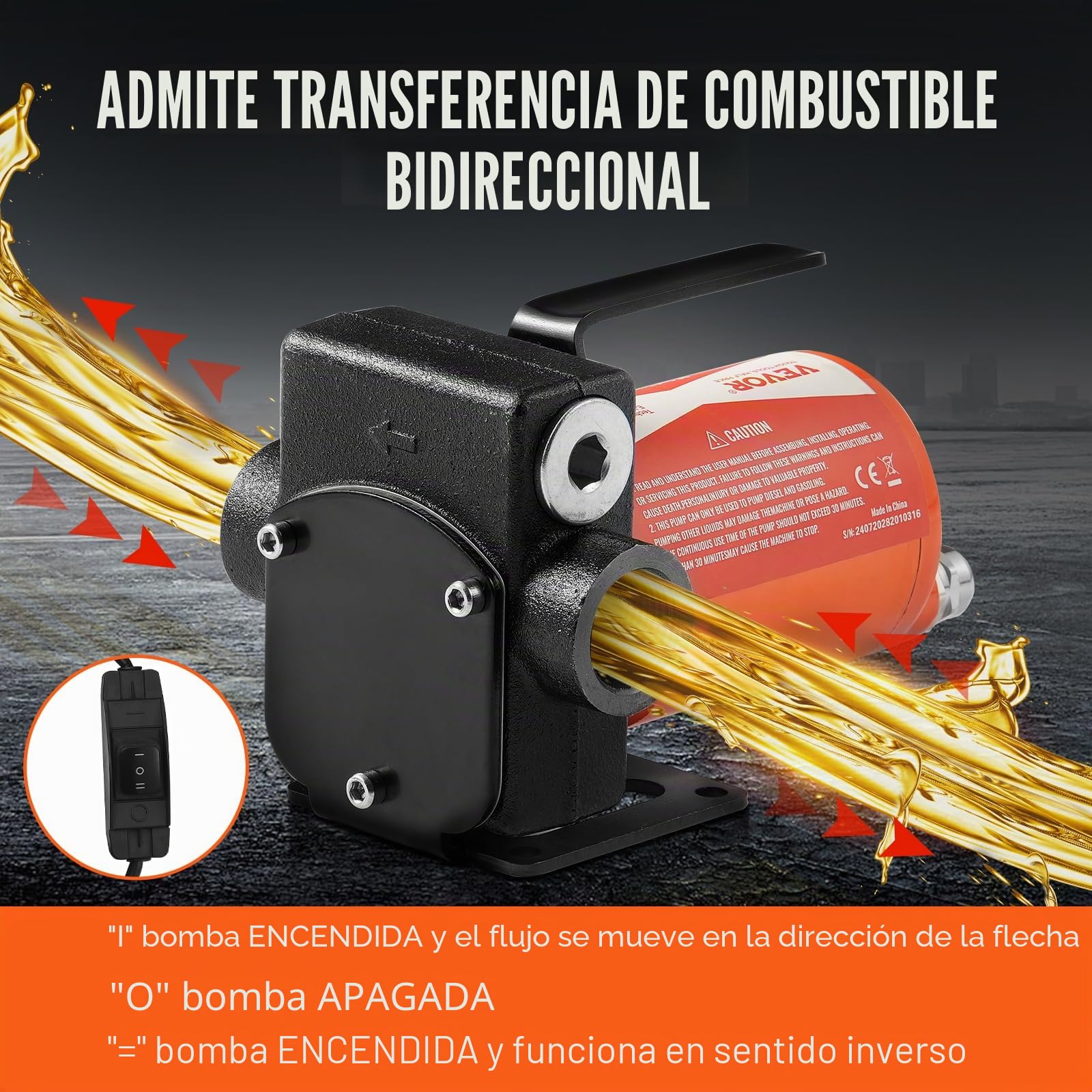 VEVOR Bomba Eléctrica de Transferencia de Combustible Engranajes 12V CC 5 GPM 19L/min 1/7HP Boquilla de Combustible Apagado Automático, Manguera de Salida Larga de 4m, para Mezclar Gasolina, Diesel