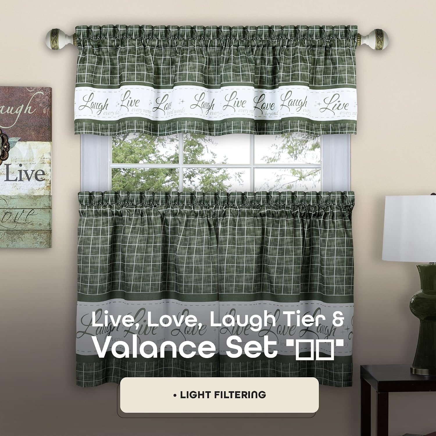 ACHIM Tier and Valance Window Curtain Set - 58 Inch Width, 36 Inch Length - Live, Love, Laugh (Green) - Light Filtering Drapes for Kitchen, Bedroom, Living & Dining Room Home Decor