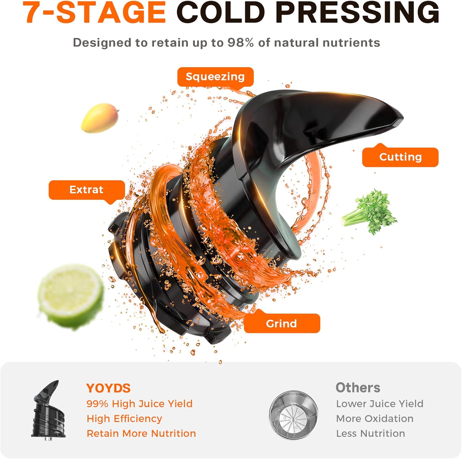 Cold Press Juicer, 4.3" Wide Feed Chute Juice Machine, High Juice Yield Slow Masticating Juicer for Whole Vegetables & Fruits