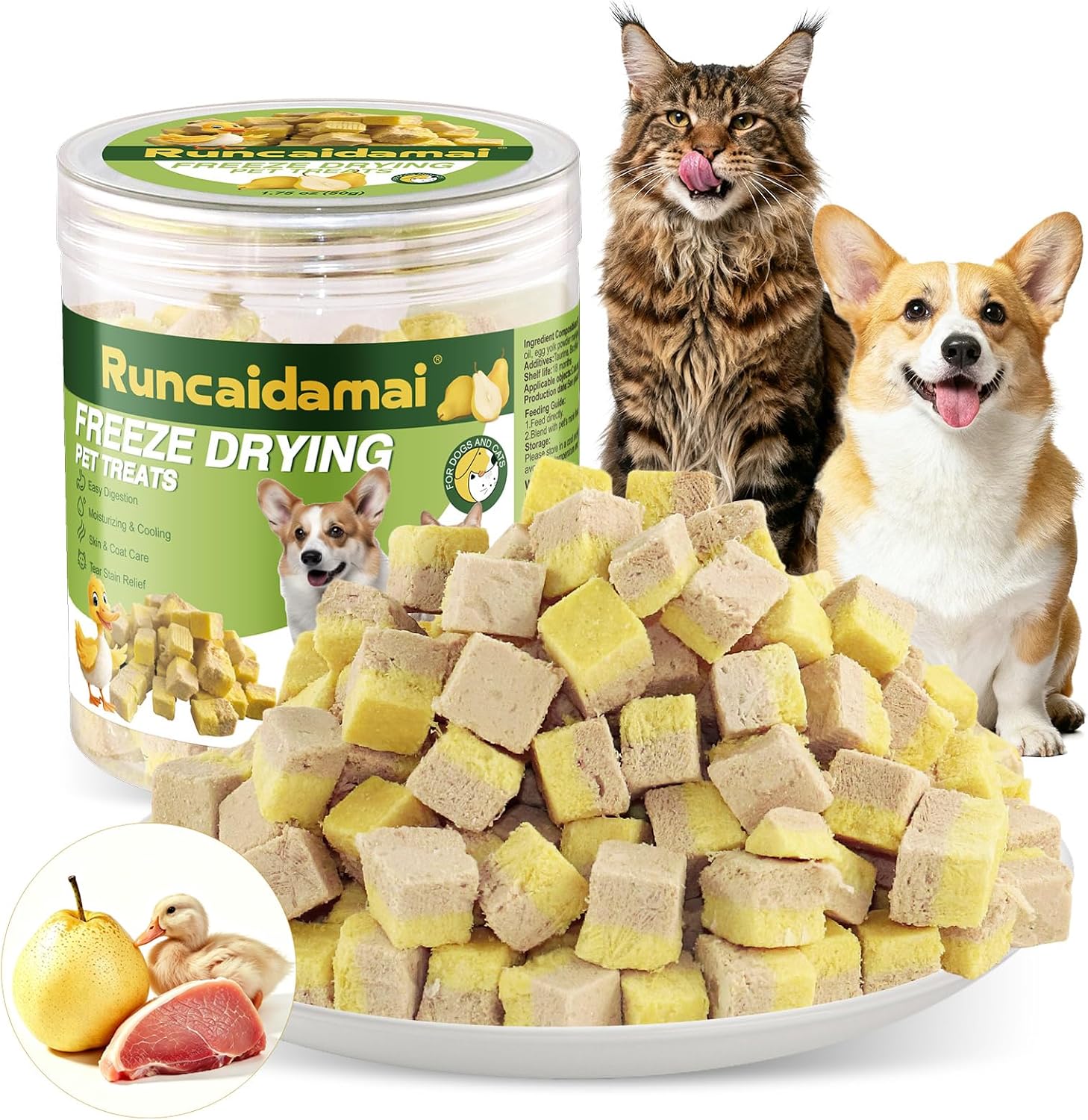Freeze Dried Pet Treats with Duck & Pear Formula, Natural Tear Stain Support, Healthy Skin & Shiny Coat, Grain-Free Sensitive Stomach Crunchy Treats with Omega-3 for Cats and Dogs