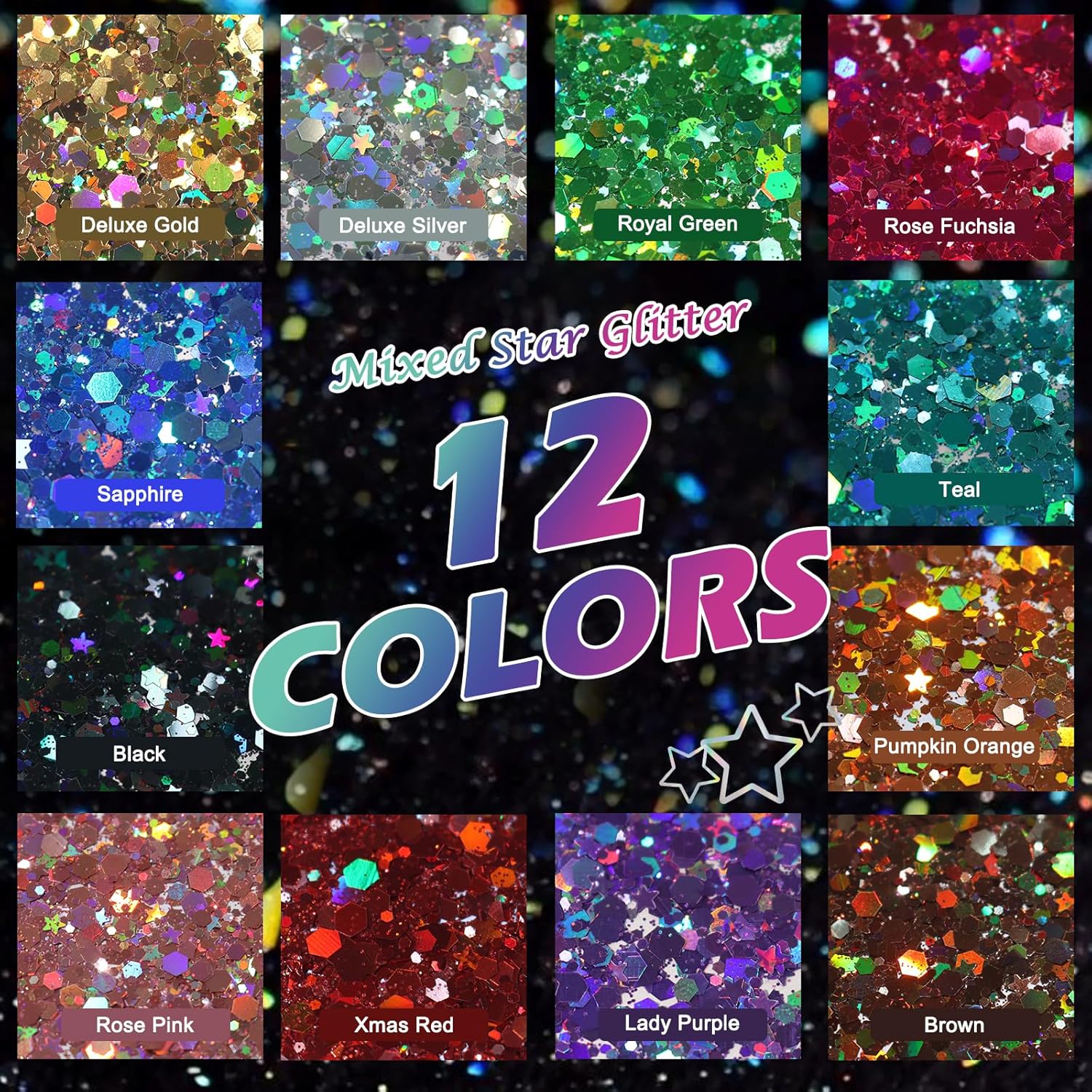 Matio Holographic Chunky Glitter,12 Colors Assorted Craft Glitter Mixed 3mm Stars Glitter Shape Fine Glitter Powder,Bulk Chunky Nail Glitter Flake Sequin for Resin,Body Nail Art,Slime Tumbler Festival