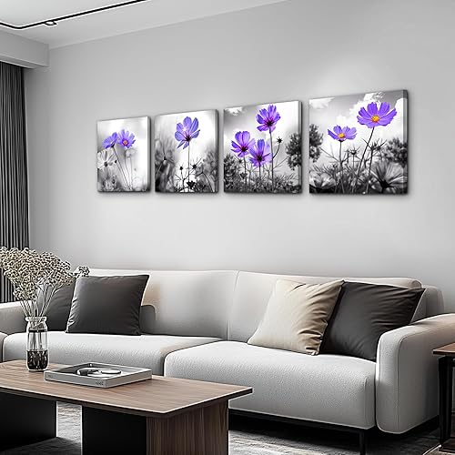 Miniatura 2 de Lienzo decorativo para pared para dormitorio, paisaje en blanco y negro, flores moradas, decoración de pared para cocina, obra de arte de 12 x 12