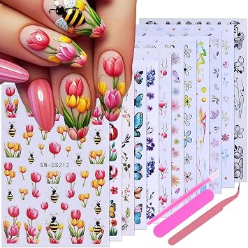 Flower Stickers Nail Art Decals 12PCS Summer Nail Art Designs with Tweezers Tulip Butterfly Leaf Florals Ladybug Decals 3D Self-Adhesive Manicure Simple Nail Stickers for Women Acrylic Nails Supplies