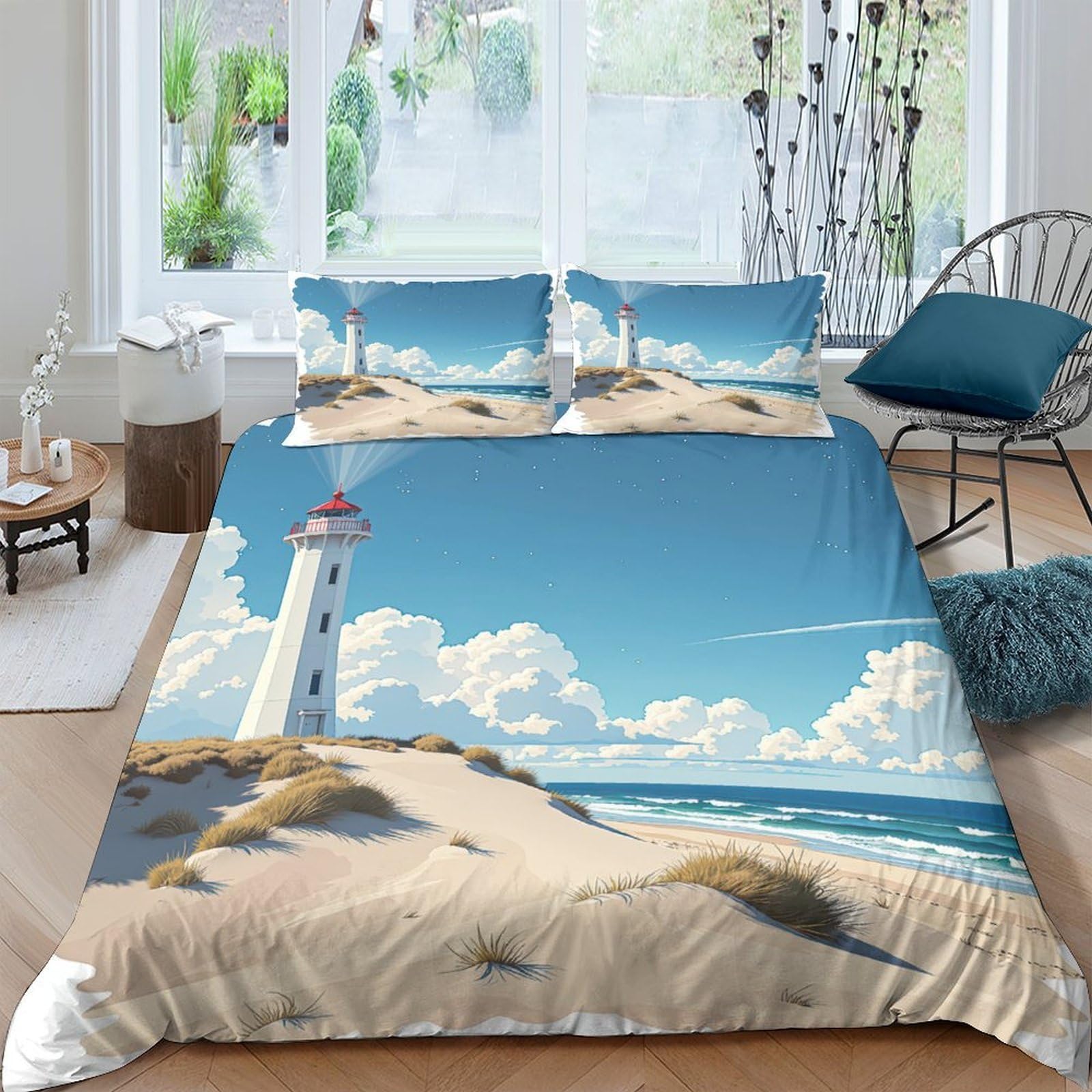 Ctjqhvkz Style-3 3D Printed Lighthouse Beach Fitted Sheet Microfiber Sand Dune Ocean Mattress Cover Bedroom Decor Easy Care Single（135X200cm）