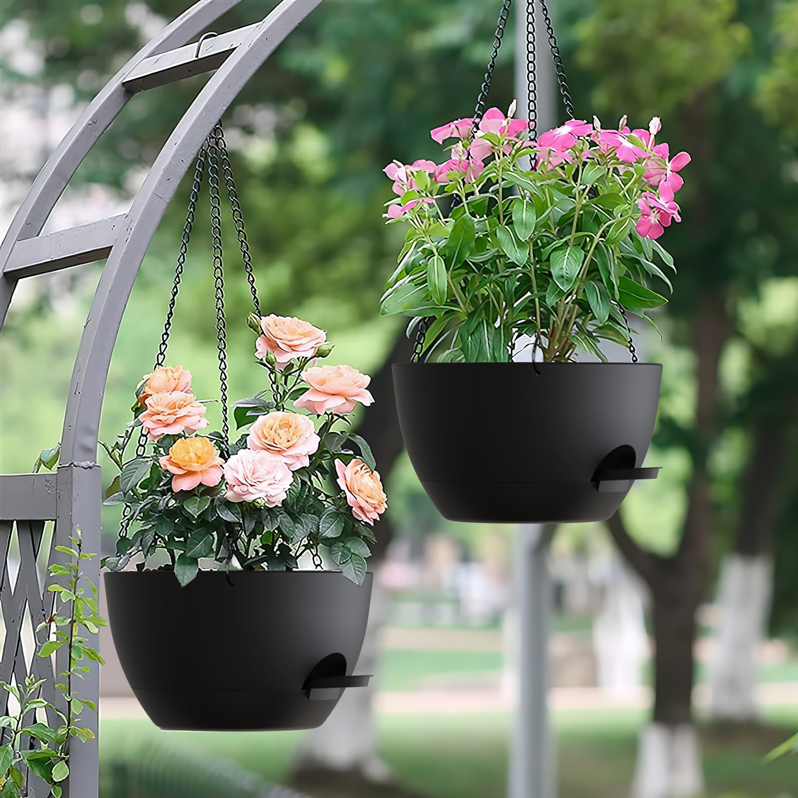 Homeuouz 25cm Selbstbewässernde Hängende Blumenampel 2er-Set – Blumentopf Hängend Innen & Außen, Hängeblumentöpfe mit Drainage für Balkon, Wohnzimmer, Küche,Schwarz