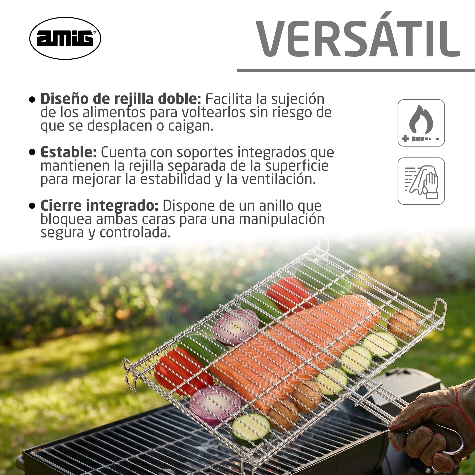 Amig - Parrilla para Barbacoa - 65 x 40 cm - Fabricado en Acero Resistente a la Corrosión - Volteo Uniforme Ideal para Asar Carnes y Verduras - Mod. AM26