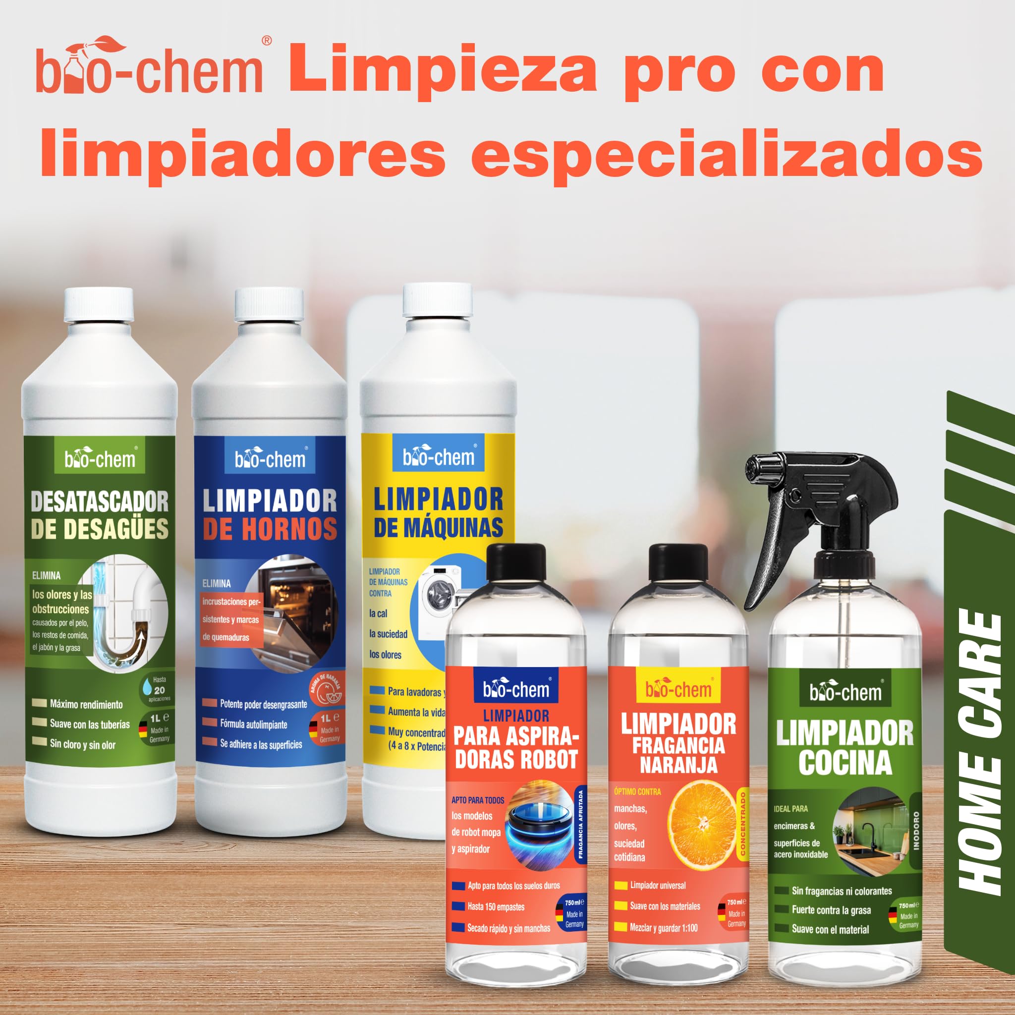 bio-chem Multiusos aroma naranja, 3 x 750 ml + botella mezcladora | Sprays para el cuidado del hogar: productos de limpieza para cocinas, baños, suelos y sofás