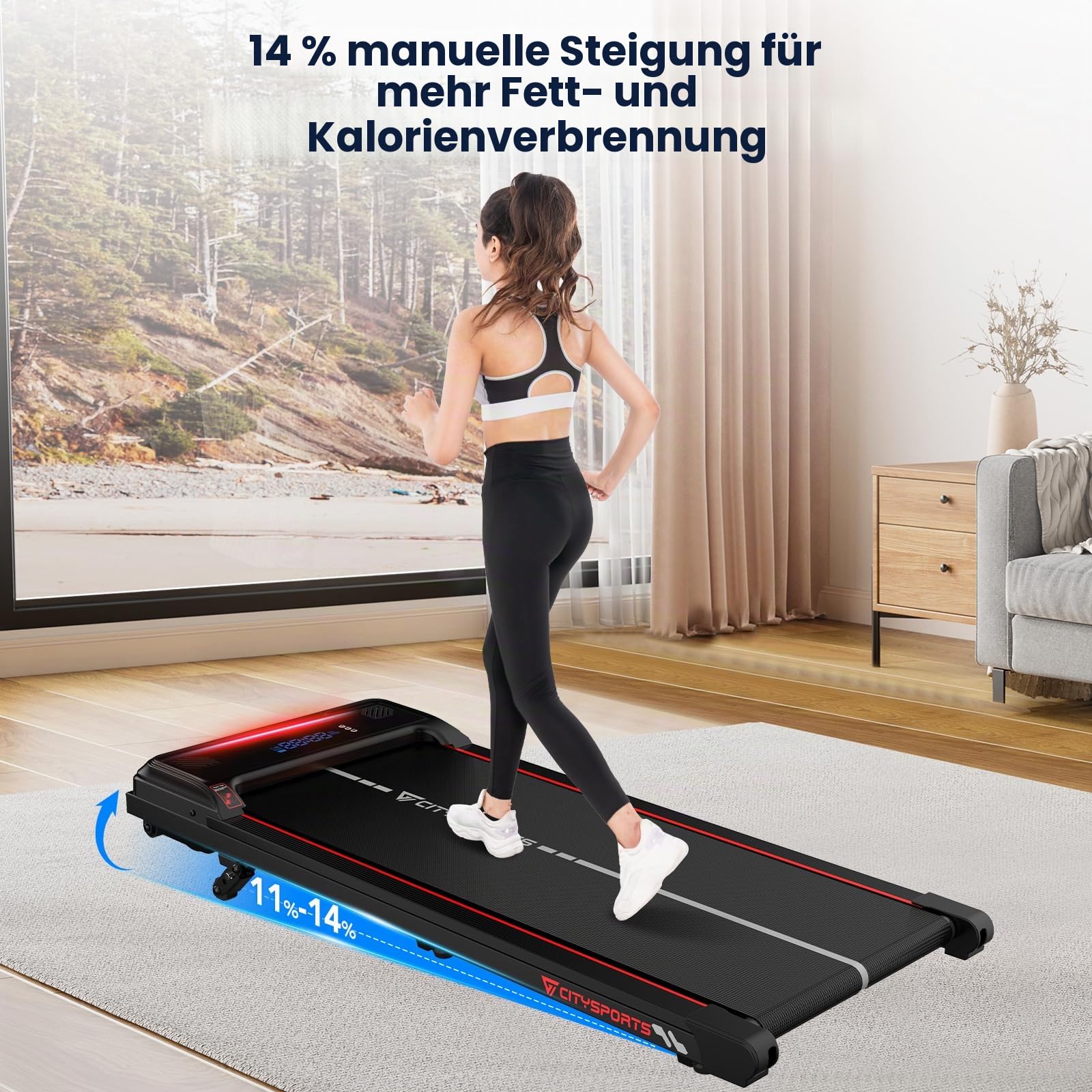 CITYSPORTS Laufband mit Steigung,Walking Pad mit 11 %–14 % Neigung,LED-Anzeige & Lichteffekt,1–6 km/h,Laufband für Zuhause Büro mit Fernbedienung