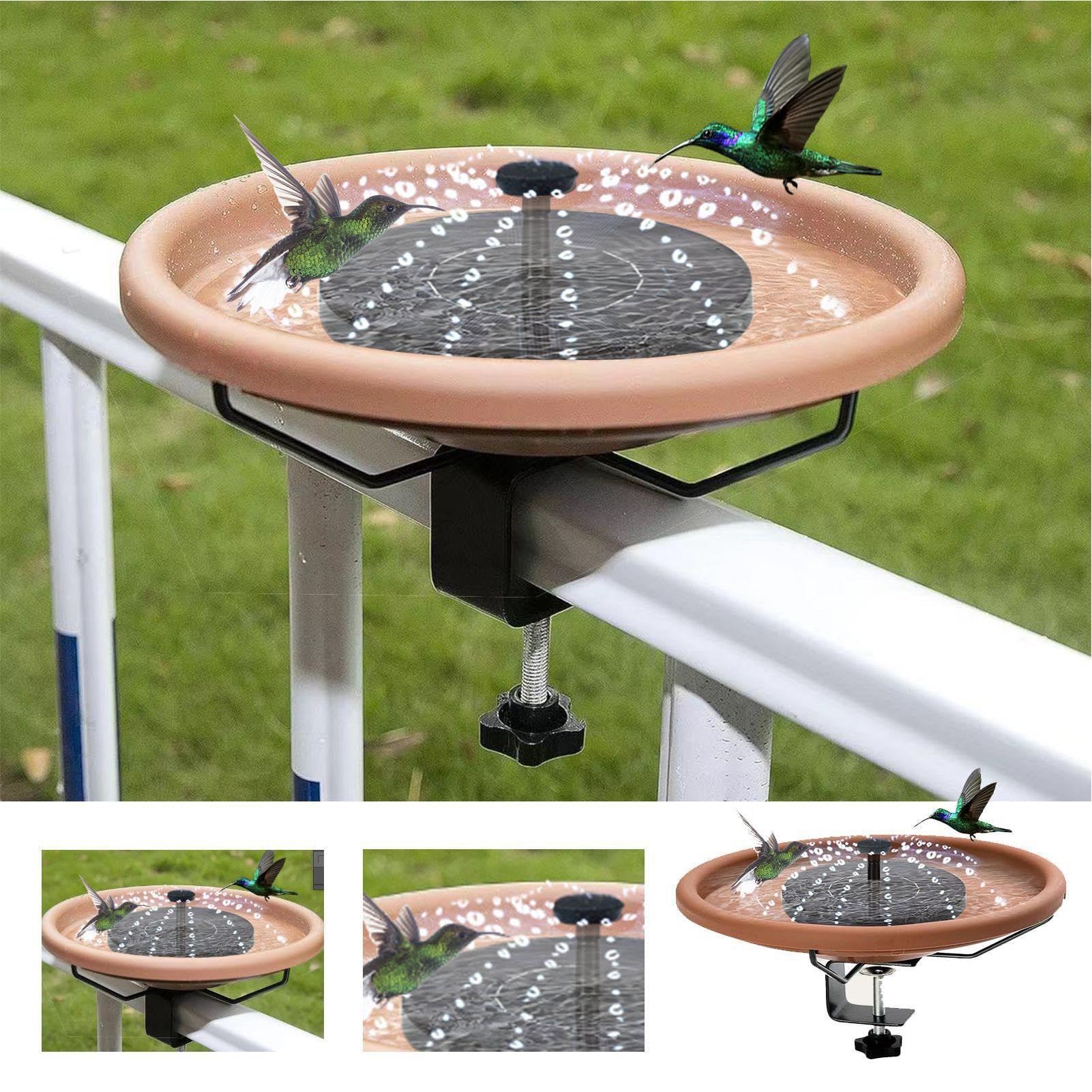 Bol de Bain pour Oiseaux monté sur Le Pont, Fontaine Solaire Amovible pour Bain d'oiseaux et Pince Robuste, mangeoire à Oiseaux montée sur Le Jardin pour Jardin, étang, Piscine, extérieur