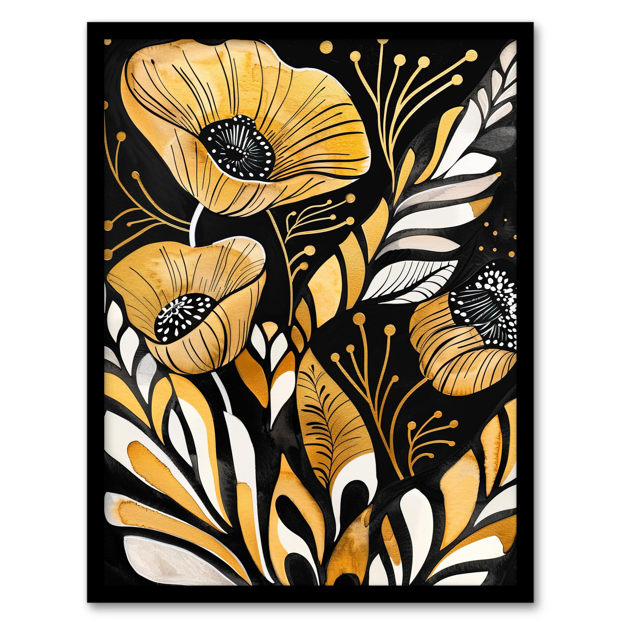 Artery8 Abstract Poppies Gold Black Floral Watercolour Living Room Artwork Framed Wall Art Print 18X24 Inch