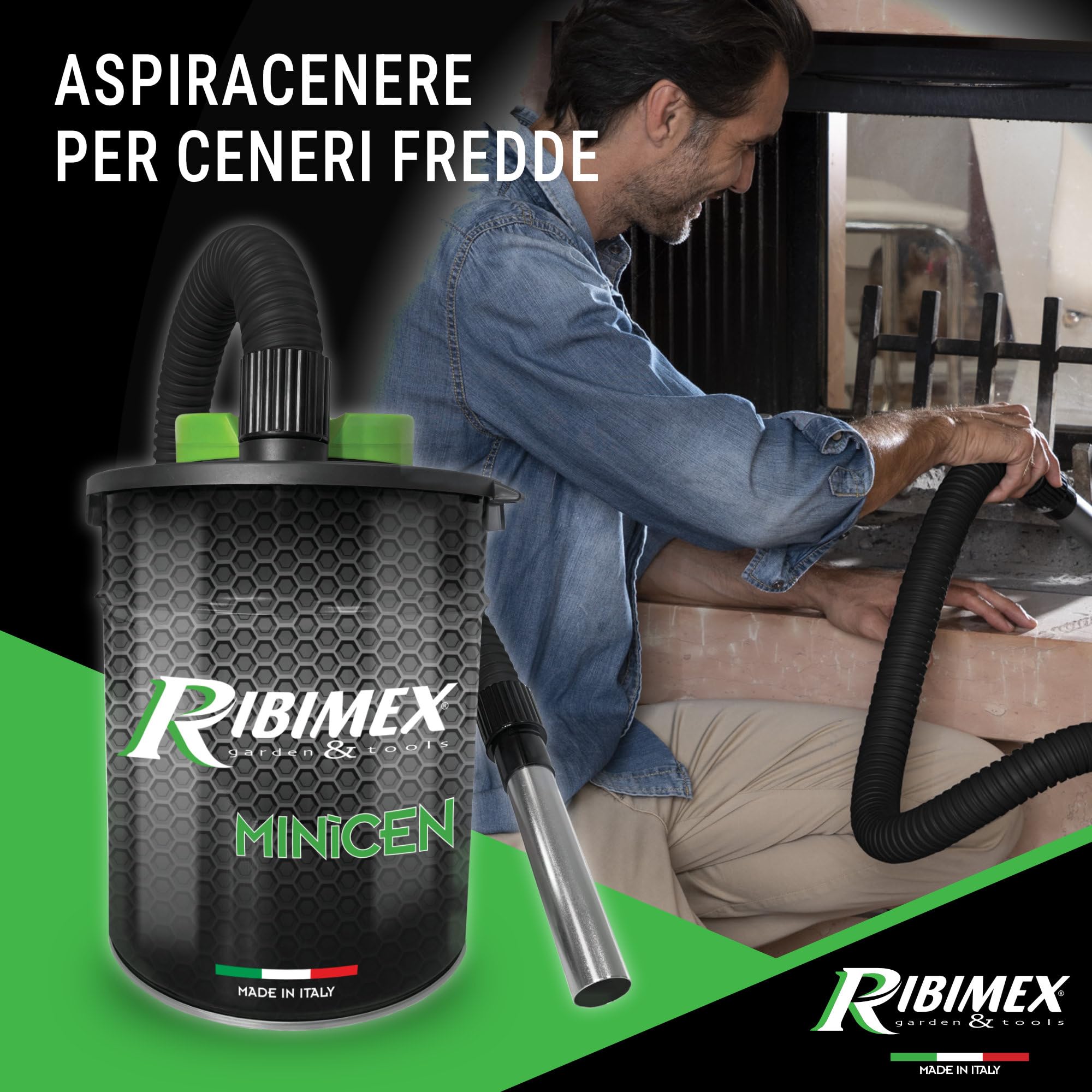 Ribimex Aspiracenere Elettrico Minicen, con Filtro HEPA Intercambiabile e Lavabile, Bidone da 10 L, Potenza 800 W, Ideale per Aspirare Ceneri Fredde da Stufe, Caminetti e Barbecue - PRCEN011